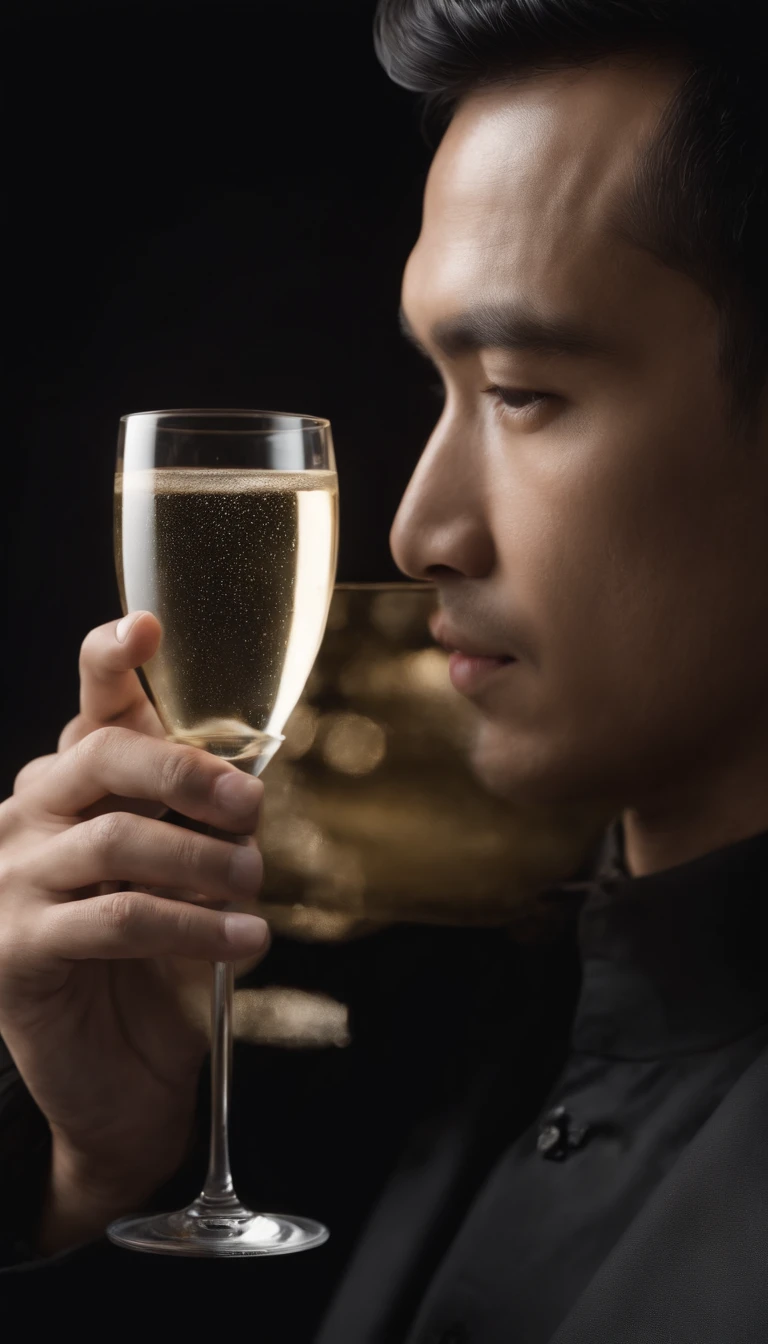 a young indonesian man holding a champagne flute on a black background, in the style of carl kleiner, buckminster fuller, loretta lux, high quality photo, wavy resin sheets, gold and black, digital symmetry