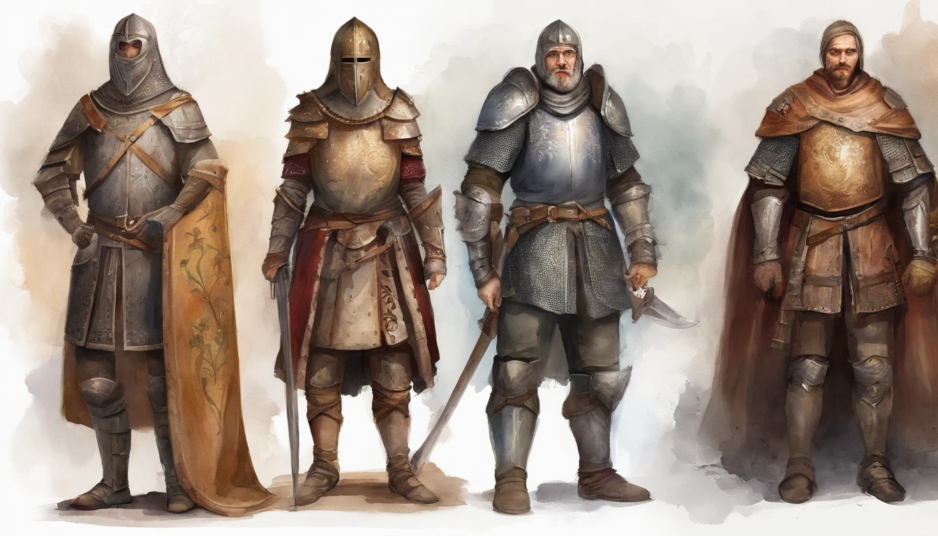 People in different costumes々Group images of, Combination of medieval armor and technology, Medieval armor masks, Medieval+Technology, 8k character concept art, 8 Concept Art Style, amazing 8k character concept art, Functional Style Fashion, Eyes