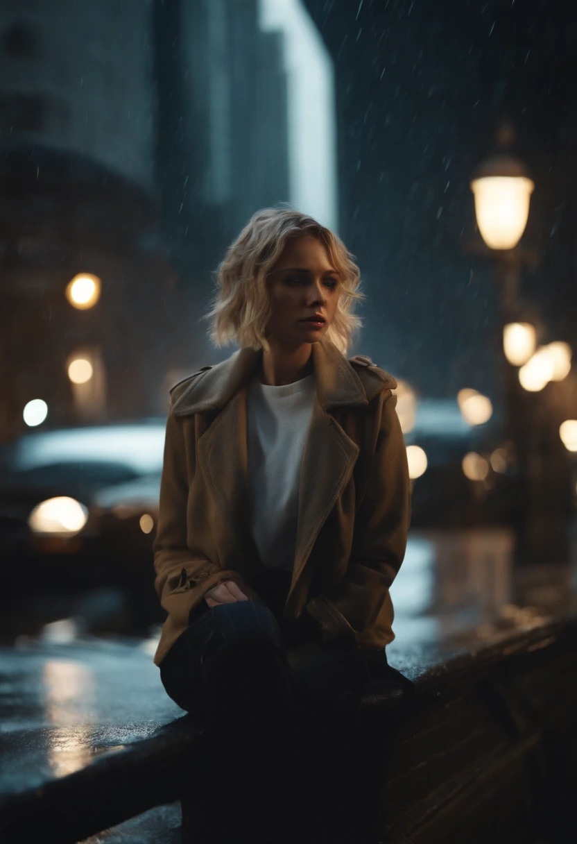 Sad girl,cry,darkness,Rain sky,。.。.。.。.。.。.。.。.。.。.。.。.。.。.。.。.。.。.。.。.。.。.。.3D,Upscale,hard disk,Blonde short,is crying,with his back turned