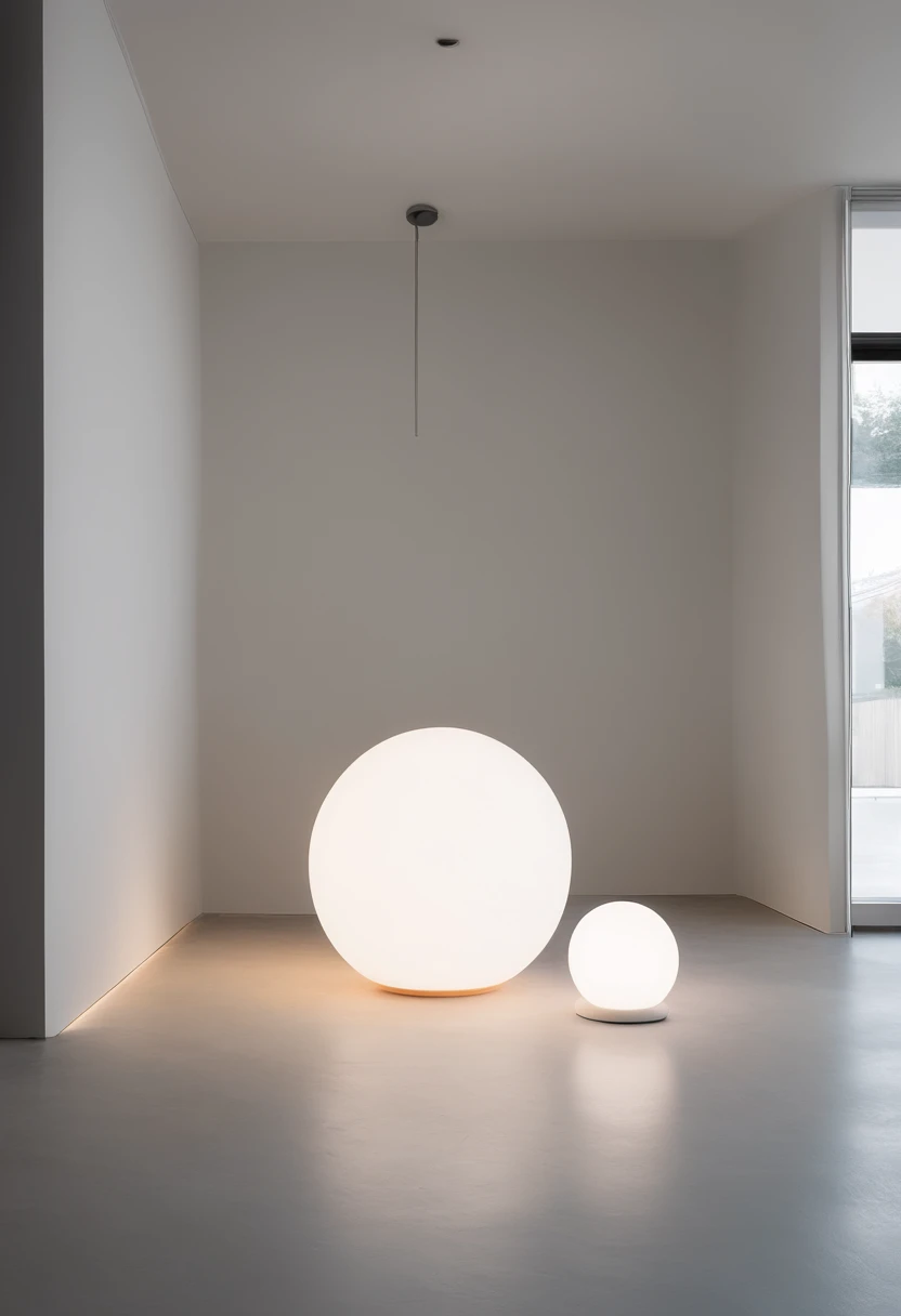 The interior space is dominated by white walls，The floor material is concrete，Place three circular glowing warm light spherical lights on the ground，Next to it is a gray vase