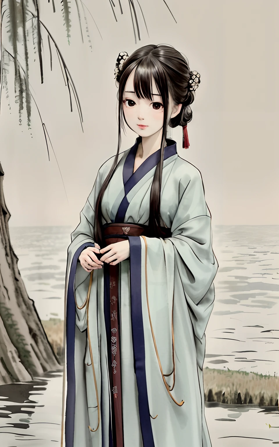 shukezouma, Negative space, , shuimobysim , Portrait of a woman standing , Willow branches, (Masterpiece, Best quality:1.2), Traditional Chinese Ink Painting, ModelShoot style, Peaceful, (Smile), view the viewer, wearing long hanfu, Hanfu, Song, Willow tree in background, wuchangshuo,