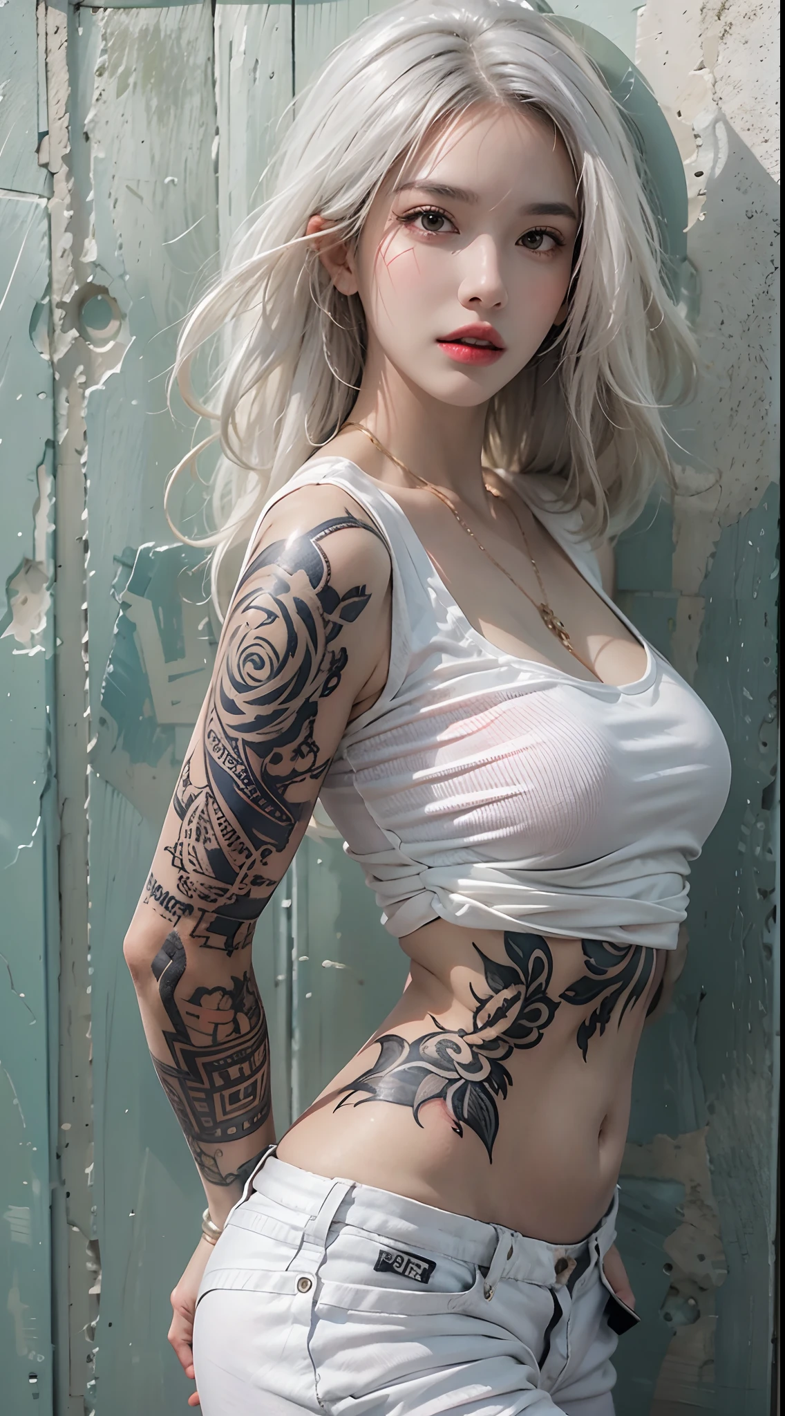photorealistic, high resolution, 1women, mature female, solo, hips up, long hair, street wear, tattoo, white hair