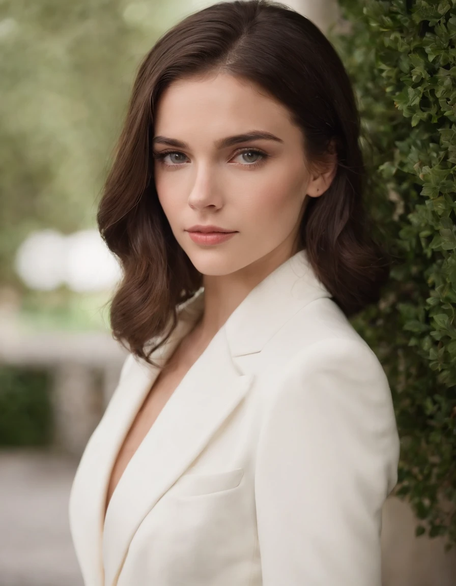 Cassady McClincy, 18 anos , com cabelo long bob PRETO, olhos verdes vivos e puxados, dress in white suit and DISCREET tailoring pants , cabelos longos castanhos,standing,close-up