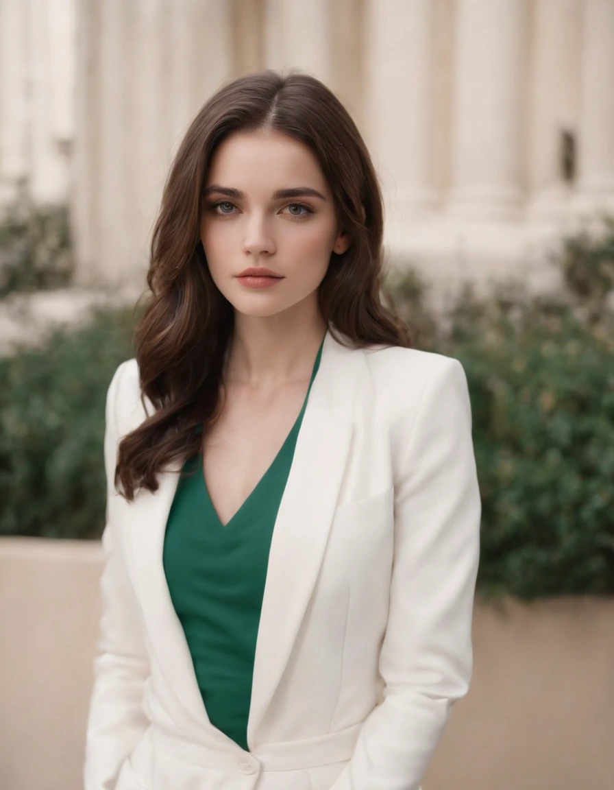 Cassady McClincy, 18 anos , com cabelo long bob PRETO, olhos verdes vivos e puxados, dress in white suit and DISCREET tailoring pants , cabelos longos castanhos,standing,close-up