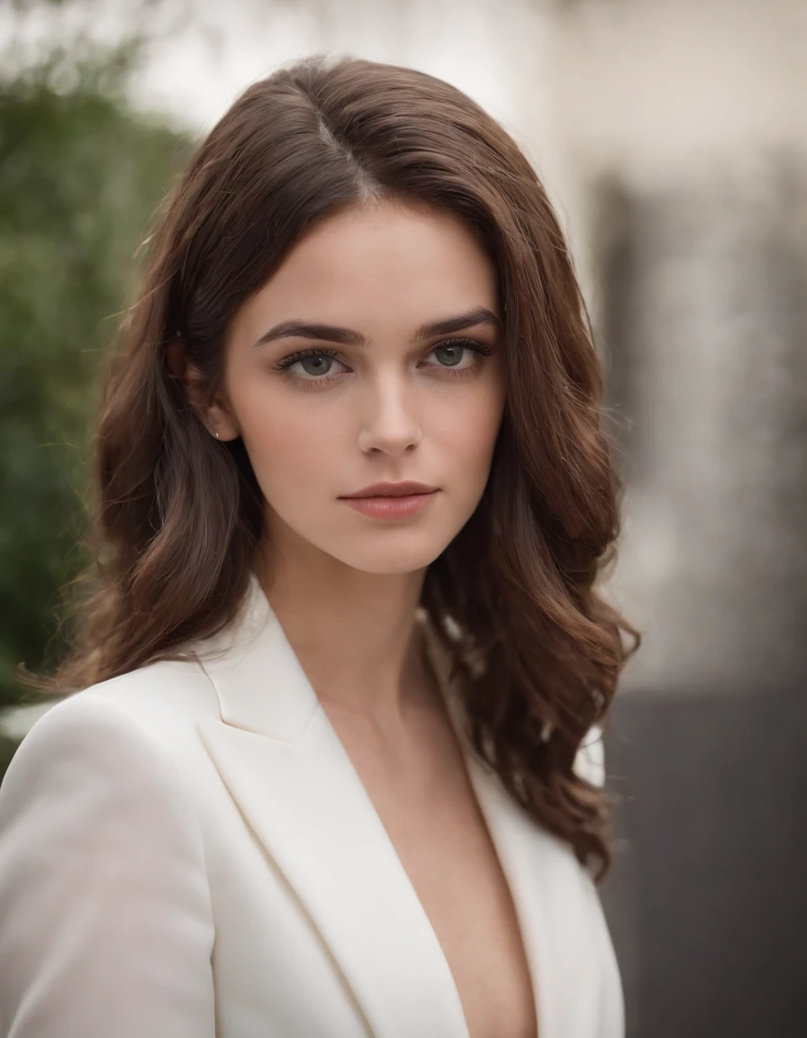 Cassady McClincy, 18 anos , com cabelo long bob PRETO, olhos verdes vivos e puxados, dress in white suit and DISCREET tailoring pants , cabelos longos castanhos,standing,close-up