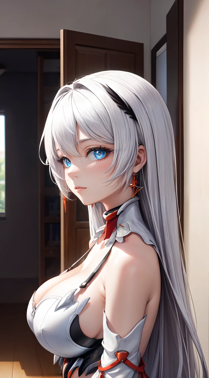 masterpiece, best quality, HD, 4K, Ultra-high resolution, Extreme Detail, Super detailed,
beautiful eyes, beautiful hair, Beautiful side, beautiful skin,kiana, white hair, long hair,stand, End of the person towards the viewer, big breasts, chest slit, pov, indoors