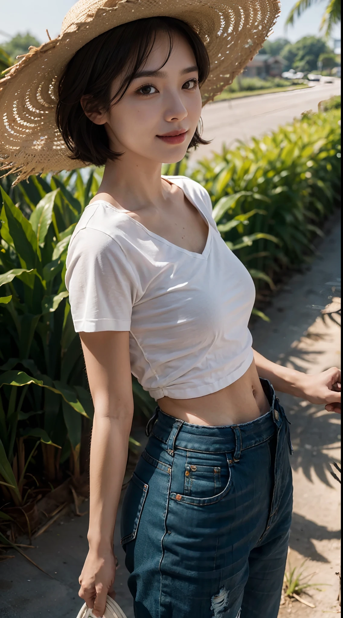 A boy stands in an overgrown field, he is wearing a crop top and short shorts, he is barefoot, there is a lot of tall grass and several trees in the field, Short top, crop top, Short shorts, boy barefoot, bare feet,