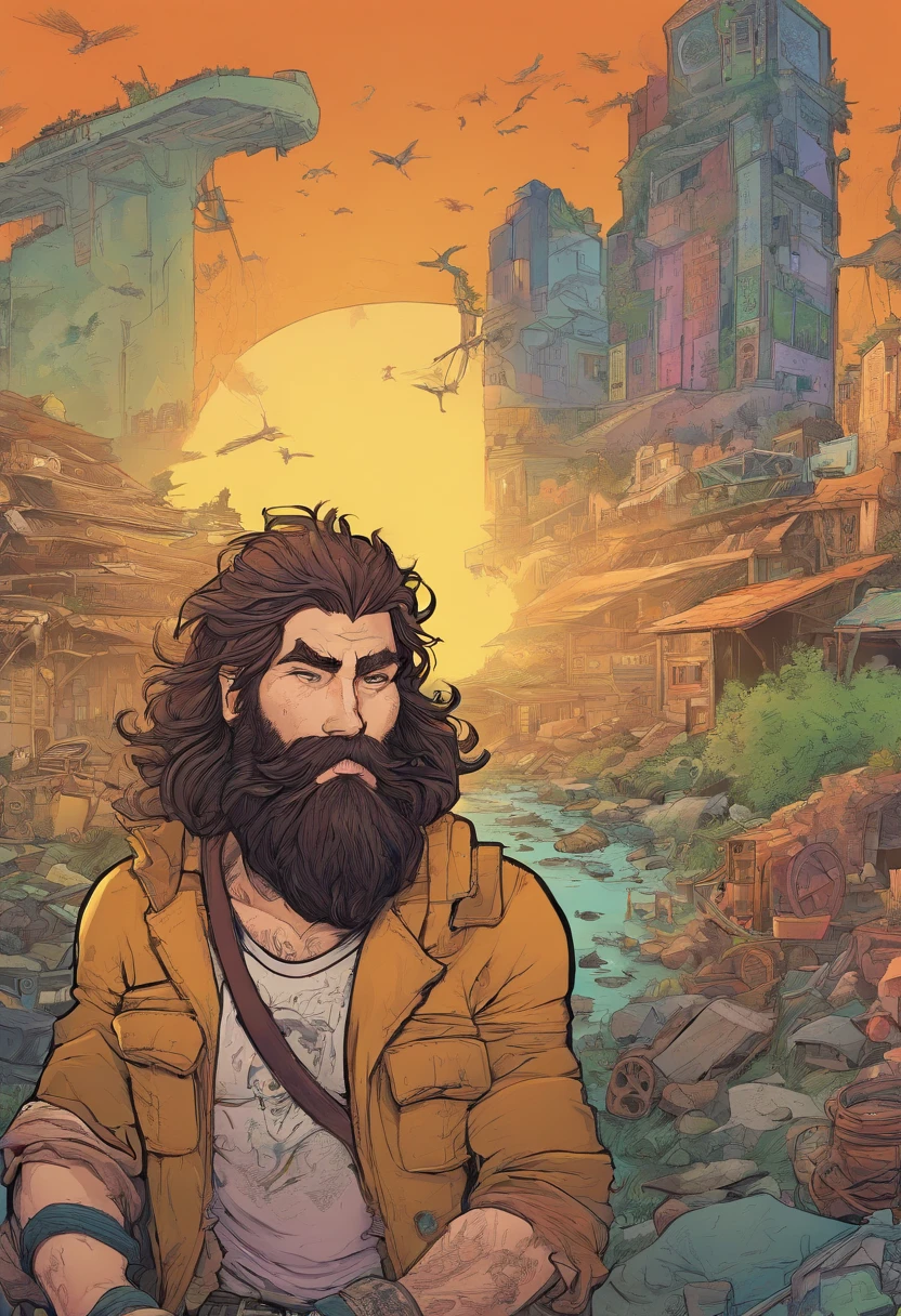 A 30-year-old man with a beard and long chestnut hair with a scar on his left eye and tattooed arms in a post-apocalyptic universe