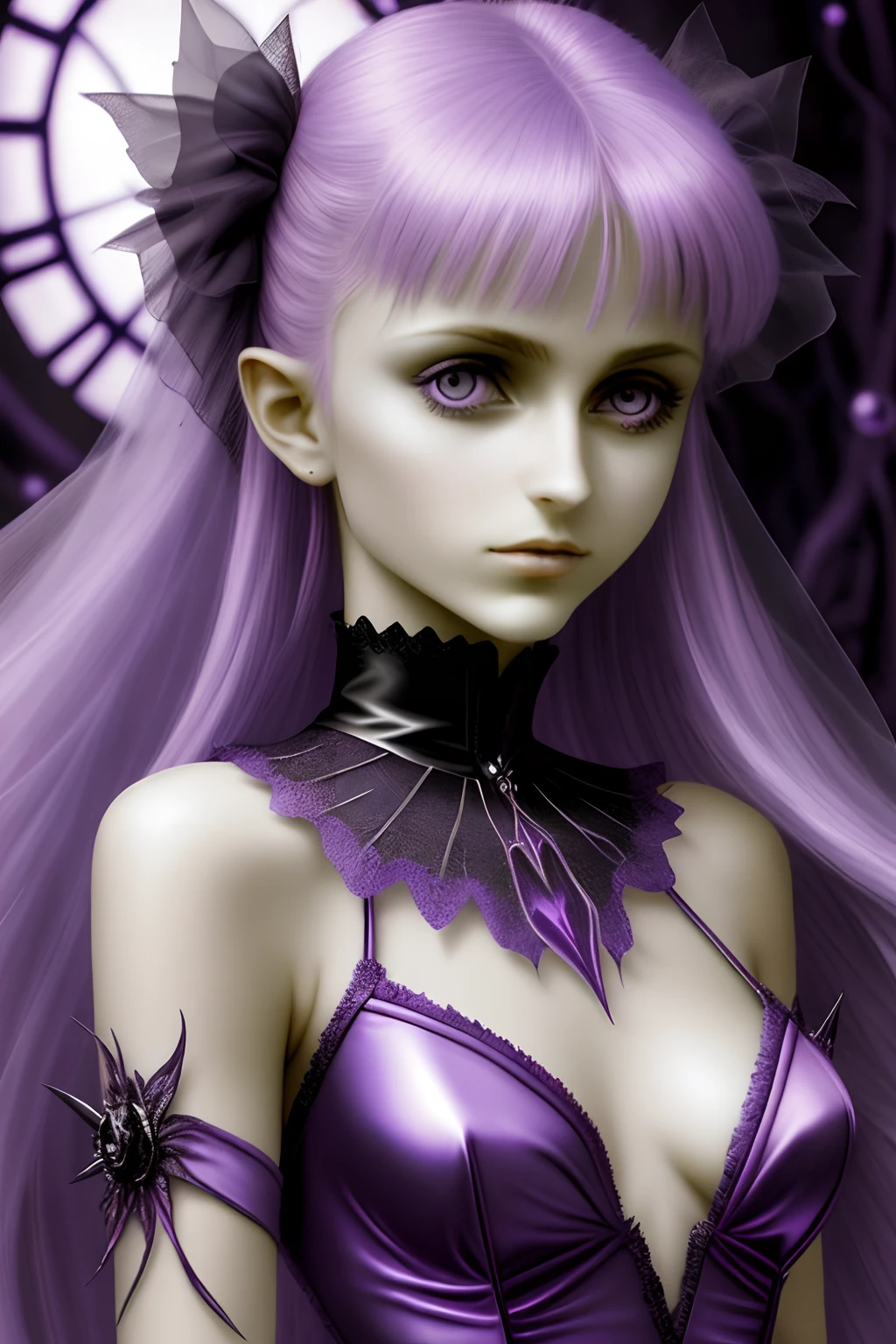 fantchar, a translucent ethereal violet made thorns. preteen fairy goth Paris Hilton with delicate features in a sci-fi setting, glowing from within, sparks and lights, moonlight, moon, close-up, realistic, highly detailed, intricate
