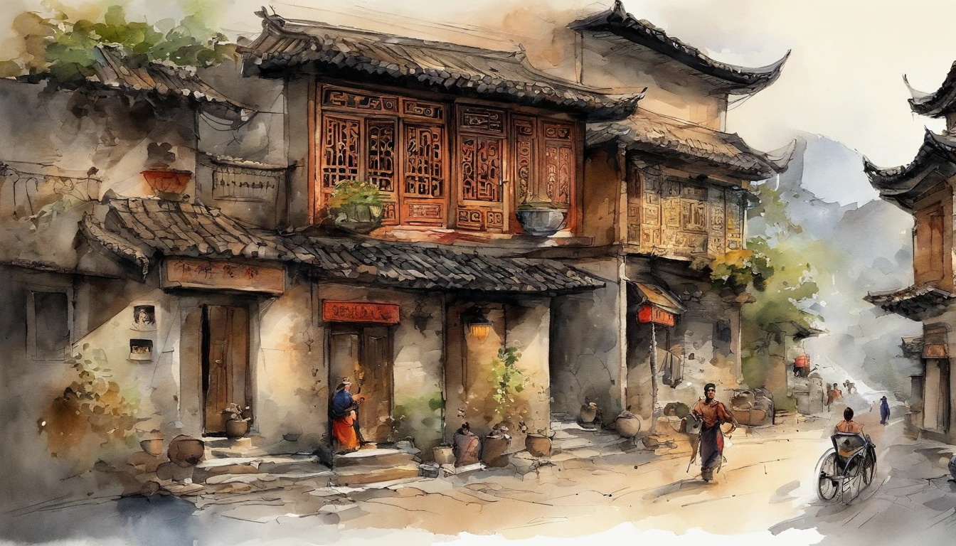 Chinese ink，Oriental ink style，The town street down the hill，One-story building，Lower floors，Quadrangle，Courtyard type，ink and watercolor painting，handpainted，The lines are drawn clearly，super-fine，Carefully portrayed，high qulity，8K，