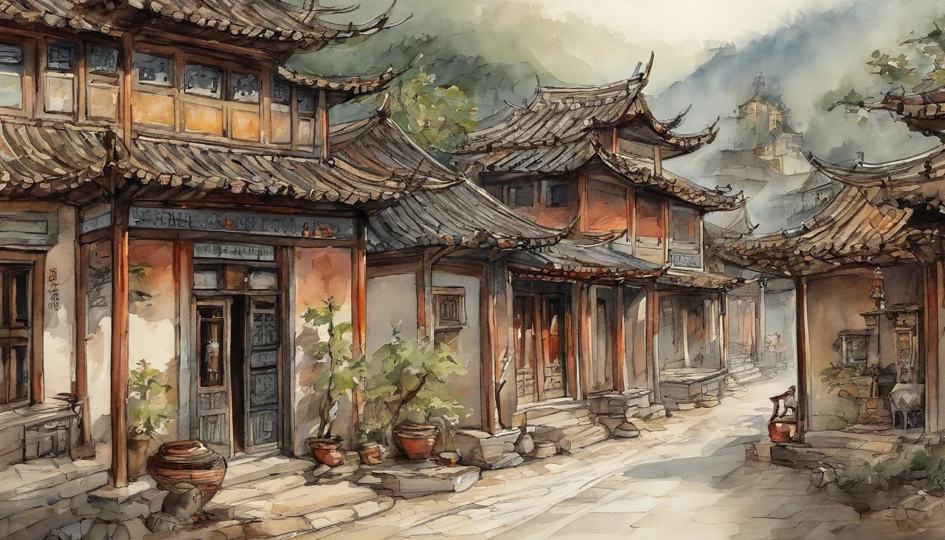 Chinese ink，Oriental ink style，The town street down the hill，One-story building，Lower floors，Quadrangle，Courtyard type，ink and watercolor painting，handpainted，The lines are drawn clearly，super-fine，Carefully portrayed，high qulity，8K，