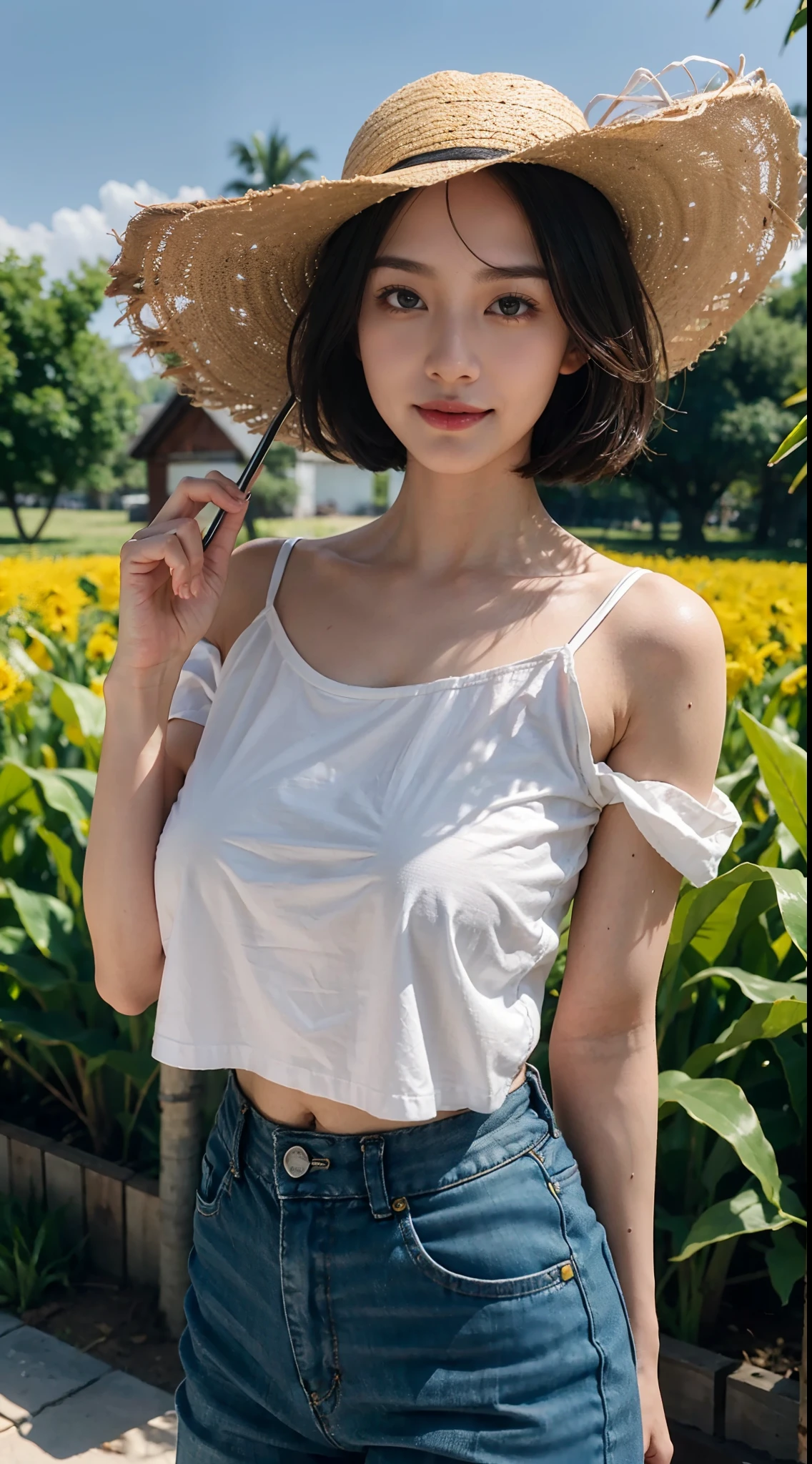 8K，masterpiece，best quality，In the corn field,Very high corn stalks taller than the girl，In the afternoon,very bright sunshine，A girl，Extremely detailed facial details，（shoulder length black straight short hair：1.2），Wearing a straw hat，smile，happy，Her face was covered in sweat，（Red collared short sleeved shirt with big white floral pattern：1.1），giantic breasts，Strong muscles，very sturdy arms，strong body，plump figure，（Green wide leg capris：1.1）,giantic hips，slippers，Holding a sickle in one hand，close shot，cowboy shot，Directly facing the camera，from front，upper body，shirt unbuttoned，no bra，Charming collarbone，Angular abdominal muscles，pants down