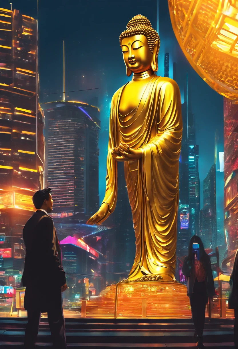(A towering golden Buddha statue in the distance:1.5),(Silver background:1.2),(photo-realistic:1.4),(Best quality:1.0),(Highly concerned:1.0),8K,RAW photo,(Masterpiece:0.2),Ultra-detailed,(Pilgrims on the road:0.8)