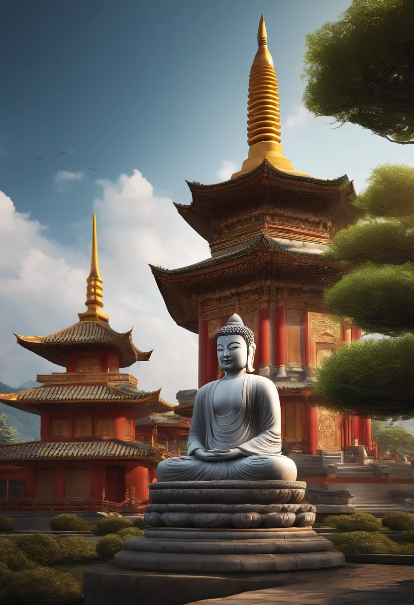 Buddha statue in front of the pagoda，There are steps leading to it, a Buddhist Buddha, Zen temple background, Buddhism, digital painting of a pagoda, Buddha, Buddhist, Temple background, background artwork, inspired by Kaigetsudō Anchi, buddhist art, bodhisattva, Beautiful rendering of the Tang Dynasty, 4k highly detailed digital art, asian hyperdetailed