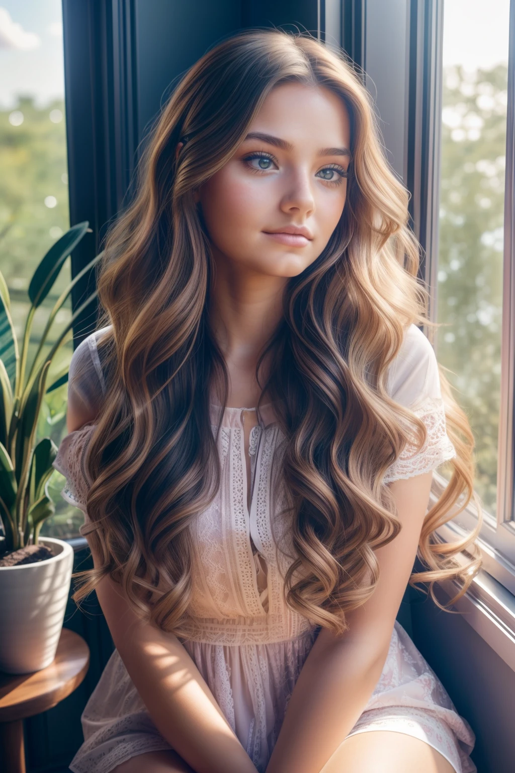 photography of a beautiful girl, day dreaming, deep in thought, sitting beside the window, watching the world go by, long curled hair, looks into the camera, symmetrical face, symmetrical eyes, photorealistic, soft pastel colours, intricate, path tracing, illustration, insanely detailed, direct sunlight on face, path traced hair, shadow mapping, window lighting