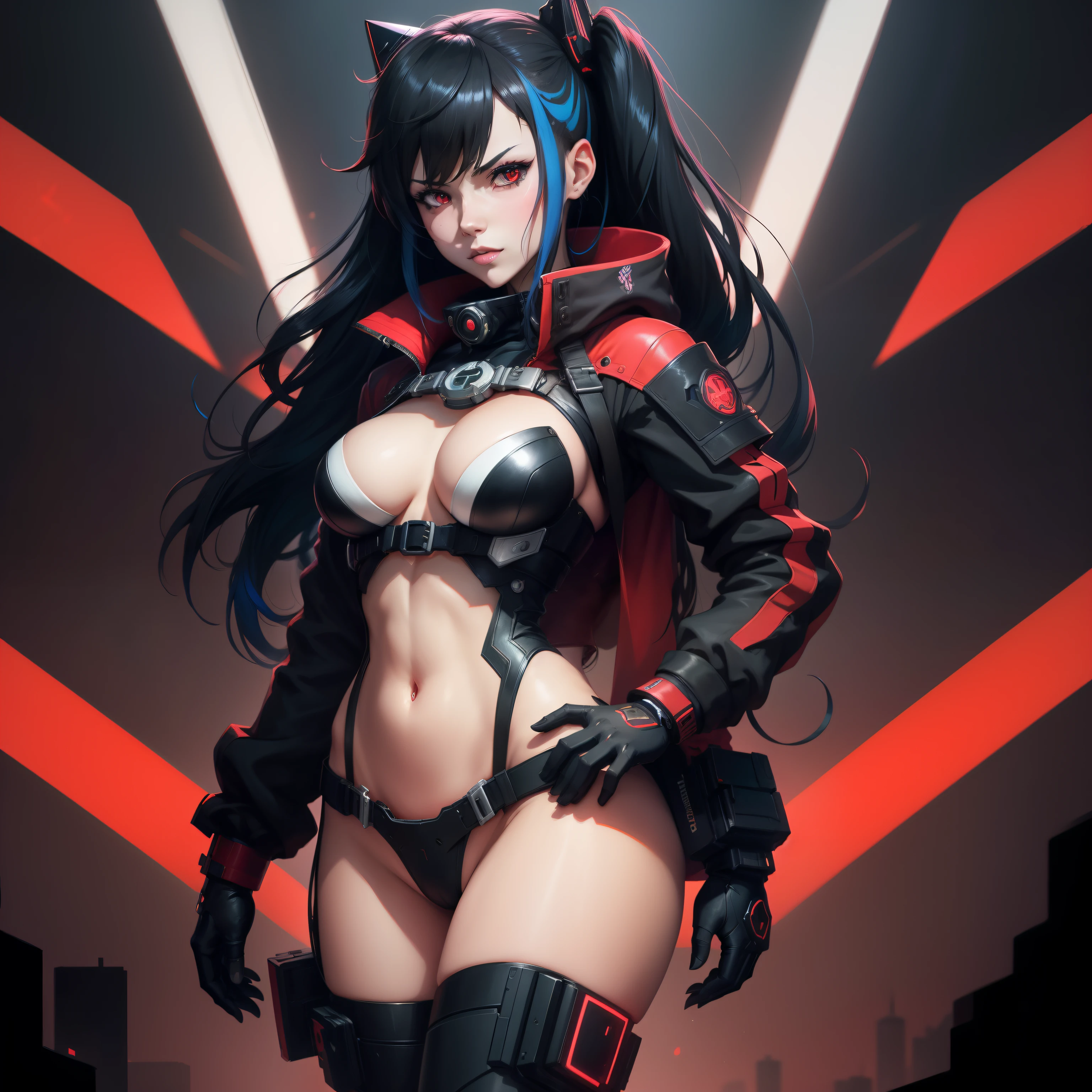 a close up of a woman in a red and black outfit, cushart kenz, cyberpunk, anime, Android girl, persona 5 art style wlop, mika kurai demon, crimson themed, trending on artstation pixiv, cushart krenz, ryuko matoi, style of duelyst, guilty gear art style, pixiv 3dcg, background cyberpunk City, sexy anime girl, lewd anime girl, red eye, shoulder long hair, blue hair with purple Accents