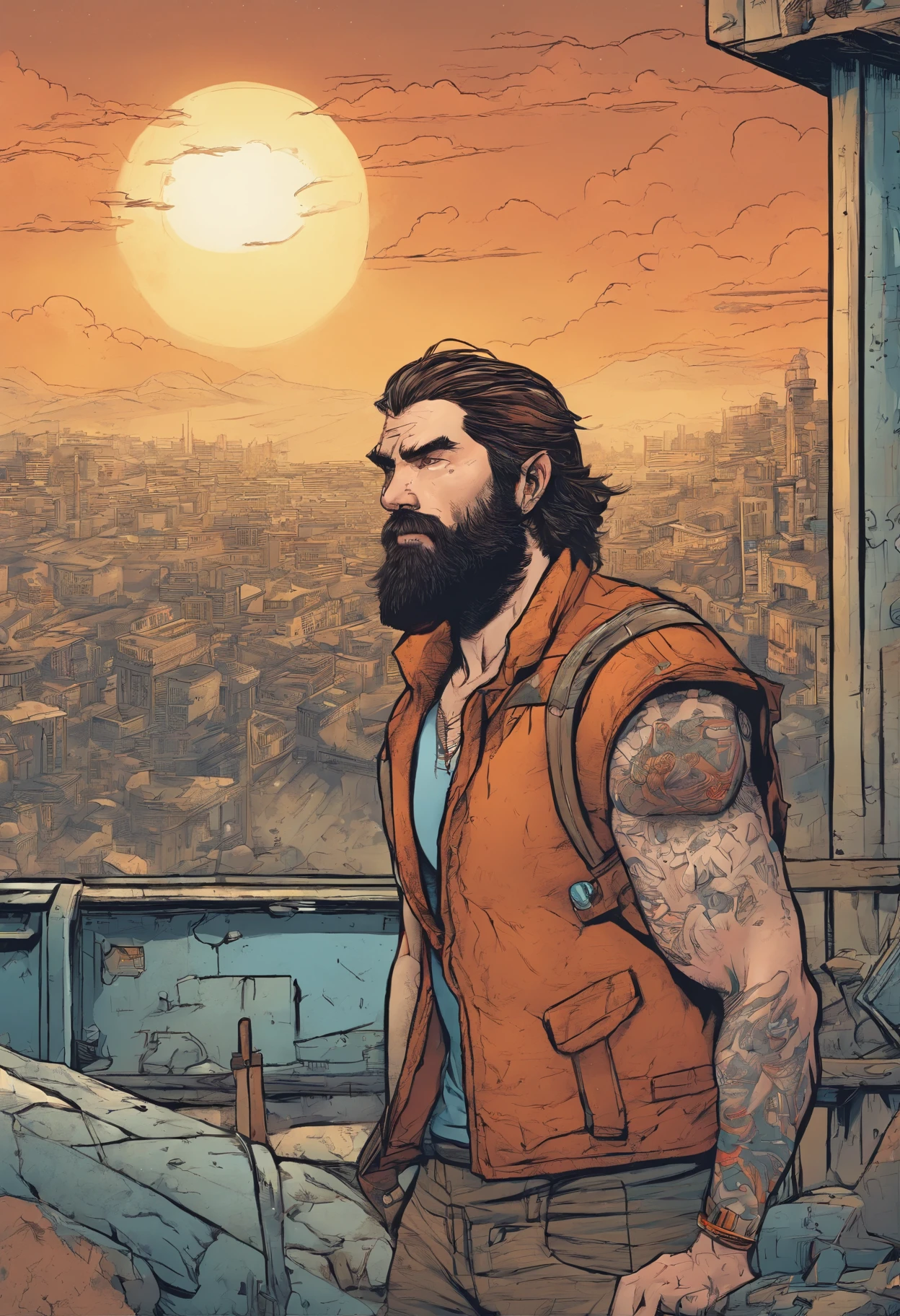 A 30-year-old man with a beard and long chestnut hair with a scar on his left eye and tattooed arms in a post-apocalyptic universe