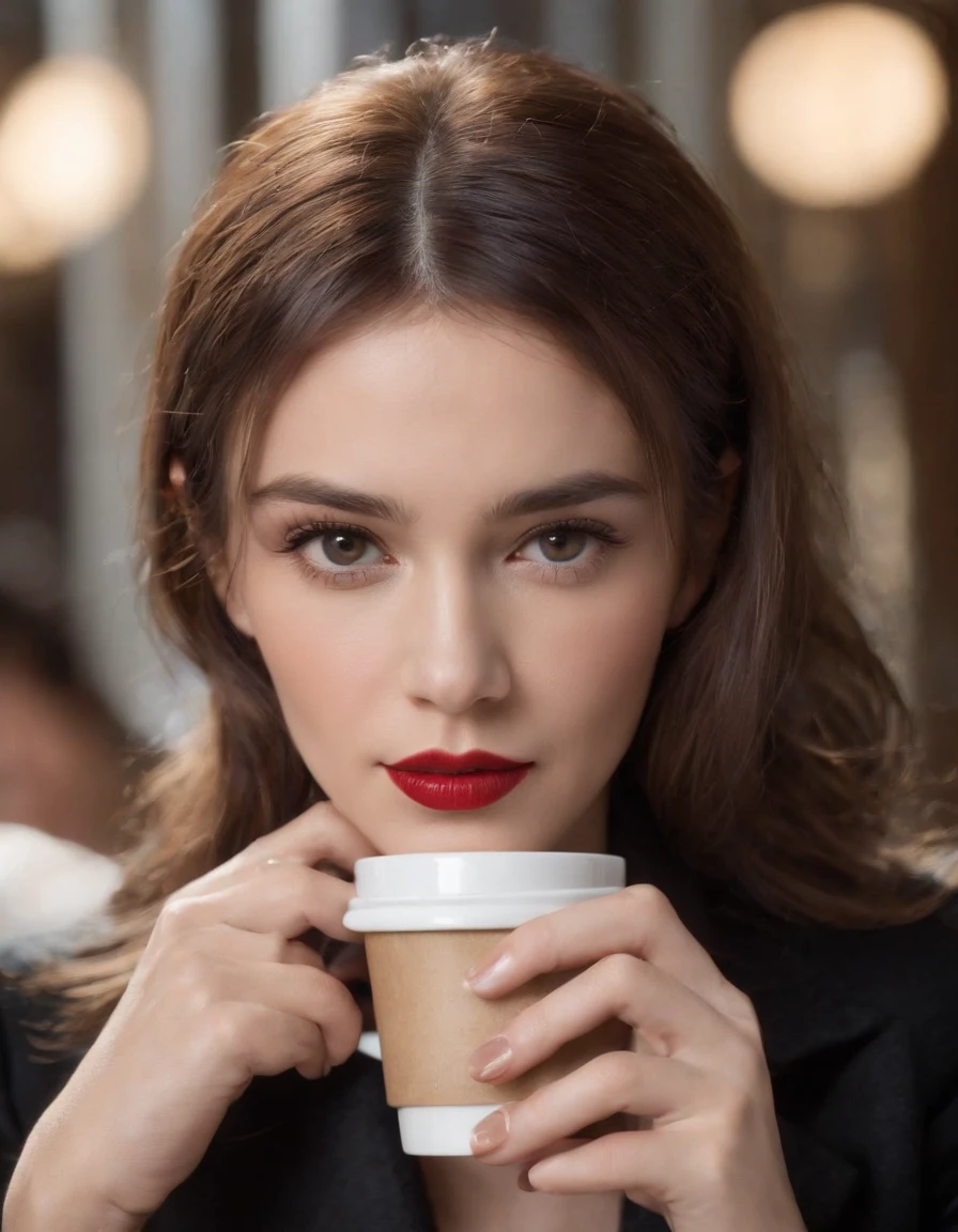 2010s fashion, medium close up, canon ef 85mm f/1.2l ii usm, a woman is sitting with her coffee in a restaurant，（Put your hands under the table）， wearing a black jacket and red lips, emphasis on facial expression, street fashion