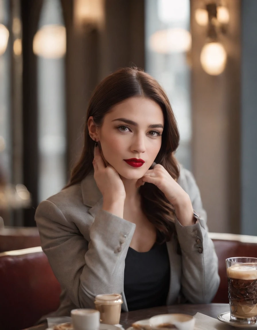 2010s fashion, medium close up, canon ef 85mm f/1.2l ii usm, a woman is sitting with her coffee in a restaurant，（Put your hands under the table）， wearing a black jacket and red lips, emphasis on facial expression, street fashion
