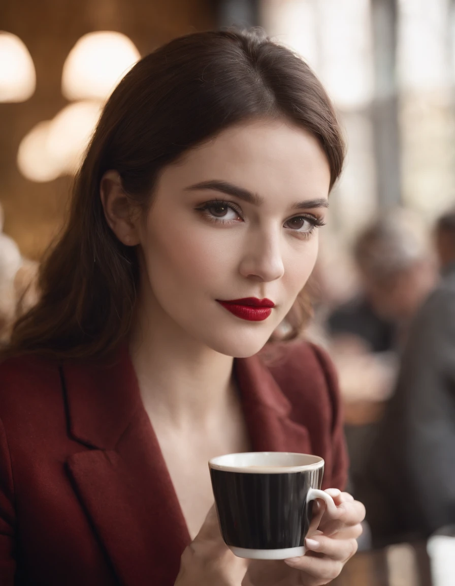 2010s fashion, medium close up, canon ef 85mm f/1.2l ii usm, a woman is sitting with her coffee in a restaurant,(Put your hands under the table), wearing a black jacket and red lips, emphasis on facial expression, street fashion