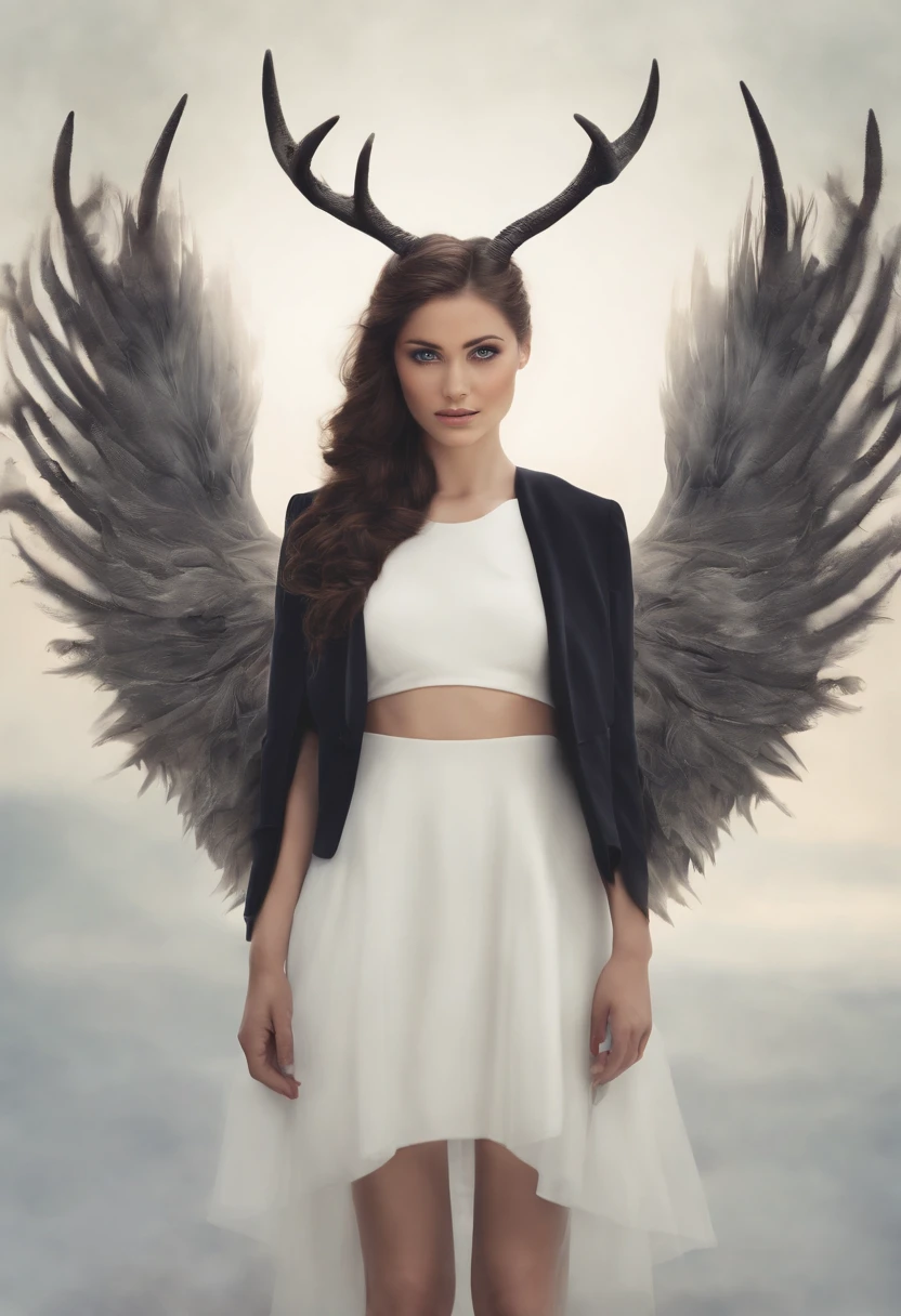 character creation negative space a cute girl with abstract wings with stag horns fantasy with pastel colors white background