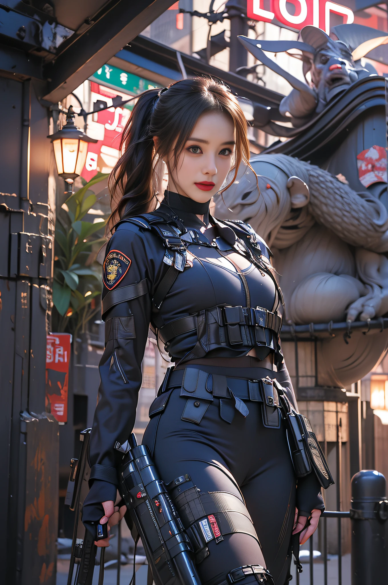 brunette color hair,(pony tails),largeeyes,full bodyesbian,Japan beauties,Korean Idol,45 yers old,(small tits),flatchest,top-quality,Masterpiece,8K,Cowboy shot,1 woman, Elegant beauty, Radiant skin, Detailed facial expressions, (Style dynamic:0.8),Heavy weapons girl ,swat,Female nun,Emergency Service Units,Wear a tactical vest,Wear a full-body suit,Summon spell arrays, midriff,Hyper-realistic details, Glowing magical energy, Japan,toyko,Night scene,Tokyo Tower,Metropolitan Police Department,Anti-monster squad,stand posture,determined expression, Armor details, Detailed background,Powerful aura,