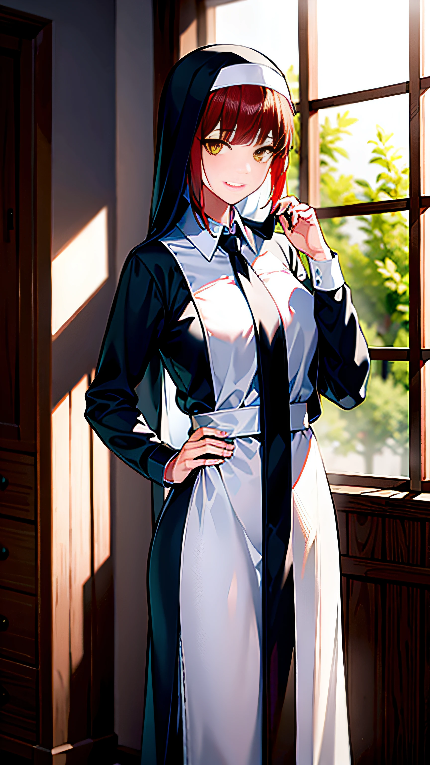 Nun Costume、Detailed shiny skin、(realisitic、Photorealsitic:1.4)、Cute little girl s、is standing、looking out the window、white  shirt、shirt with collar、Black tie、Black pants、long-sleeve、slight smile (Nasal redness)、yellow  eyes +Ringed Eyes、short-hair + Red-haired + Long braided hair、Makima \(chain saw man\)