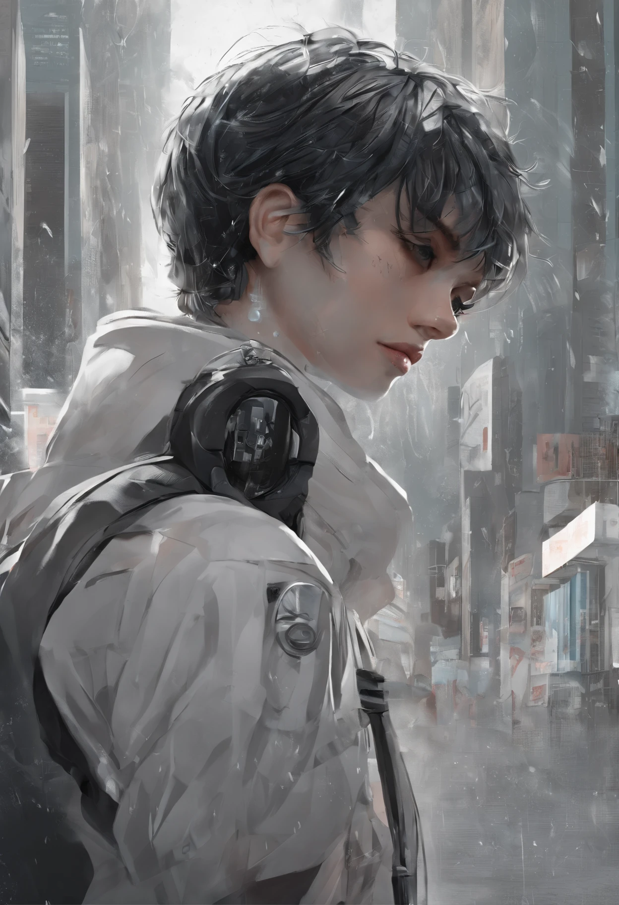 Sad girl,cry,darkness,Rain sky,。.。.。.。.。.。.。.。.。.。.。.。.。.。.。.。.。.。.。.。.。.。.。.。.3D,Upscale,hard disk,Blonde short,is crying,with his back turned