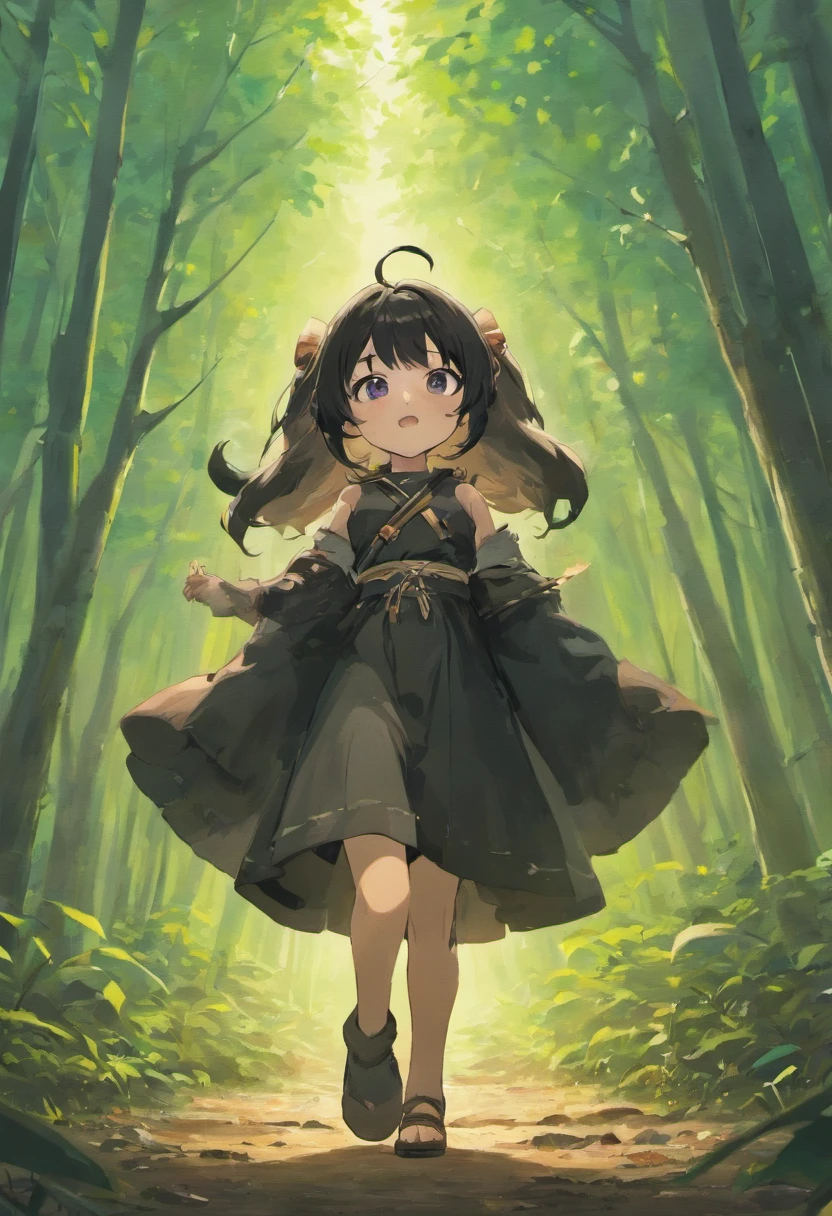 5 years old girl, Long hair, Plain and black, eye disease, Use peasant clothing, Meet elephants in the forest, Pose and convenient axe, Surprise squeeze, SNES painting