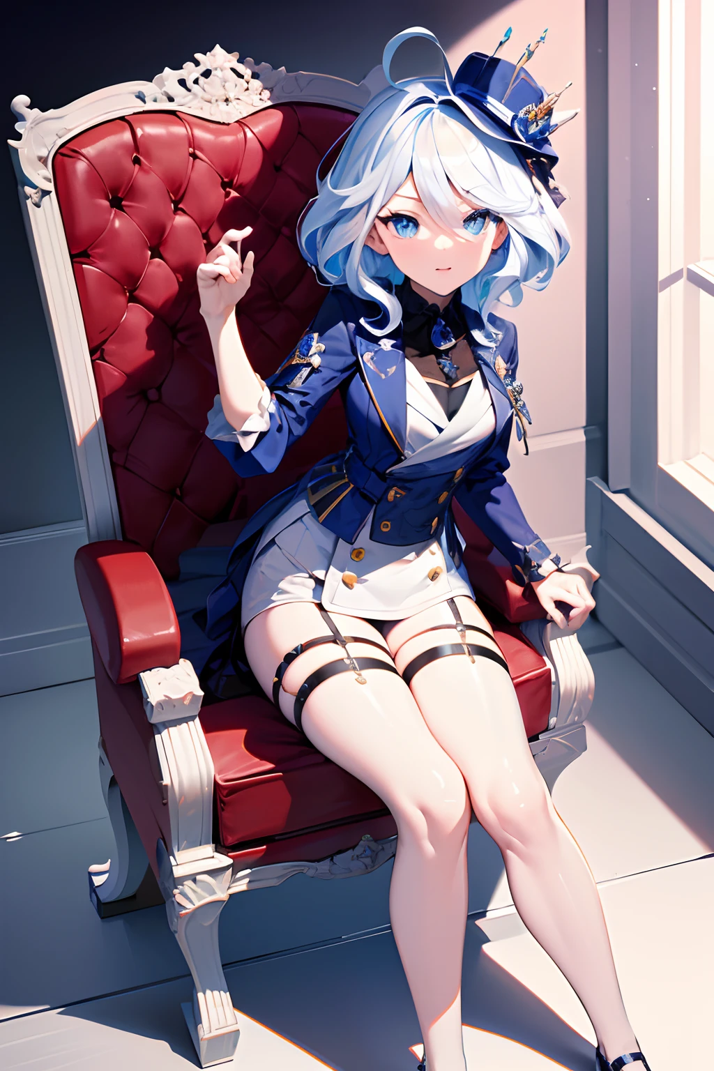 anime girl with white hair and blue eyes sitting on a red chair, splash art anime li, digital art on pixiv, zerochan art, 8k high quality detailed art, trending on artstation pixiv, best anime 4k konachan wallpaper, royal elegant pose, from the azur lane videogame, nightcore, high detailed official artwork