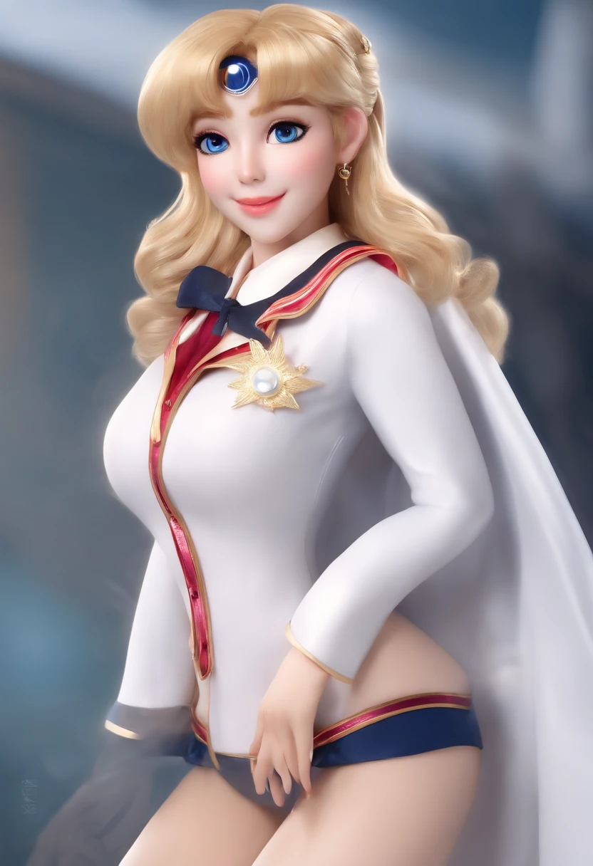 a professional movie photograph of, woman in a pixar-style sailor moon, in the style of luminous 3d objects, she has a cartoon smile, with lit eyes, white skin and rosy cheeks, a winning photograph from the society, blonde hair, dorne, very bright and shiny blonde hair, iridescence/opalescence, glitter, highly detailed photorealistic, 16k --expressive style --niji 5, best quality, high quality, highly detailed, 8k, Very young blonde-white girl. The most beautiful girl in the world, a beautiful very young face. (((beautiful light pink nipples!!!))). Slim body and big boobs with firmness and elasticity. She is short, so she is 165cm tall. Ideal eyebrows with good shape. Very narrow between the eyes and eyebrows. Beautiful double eyelids. (((Very realistic gentle beautiful blue-gray eyes!!!))). A happy lewd smile. Wearing a sleeveless, sexy uniform with a lot of exposure and strong metallic luster. slim legs with good shape. (((Open legs as far as she can to show her crotch well!!!))). The fabric of the uniform is very thin and the shape of the torso and boobs can be clearly seen. (((She is not wearing panties!!!))). (((Her hole opens widely!!!))). (((Her hole opens widely until the deep part!!!))). (((Very hairy with thin bright golden pubic hair!!!))). elegant and sexy and attractive. Very smooth skin that glows strongly with oil all over the body. various sexy poses.