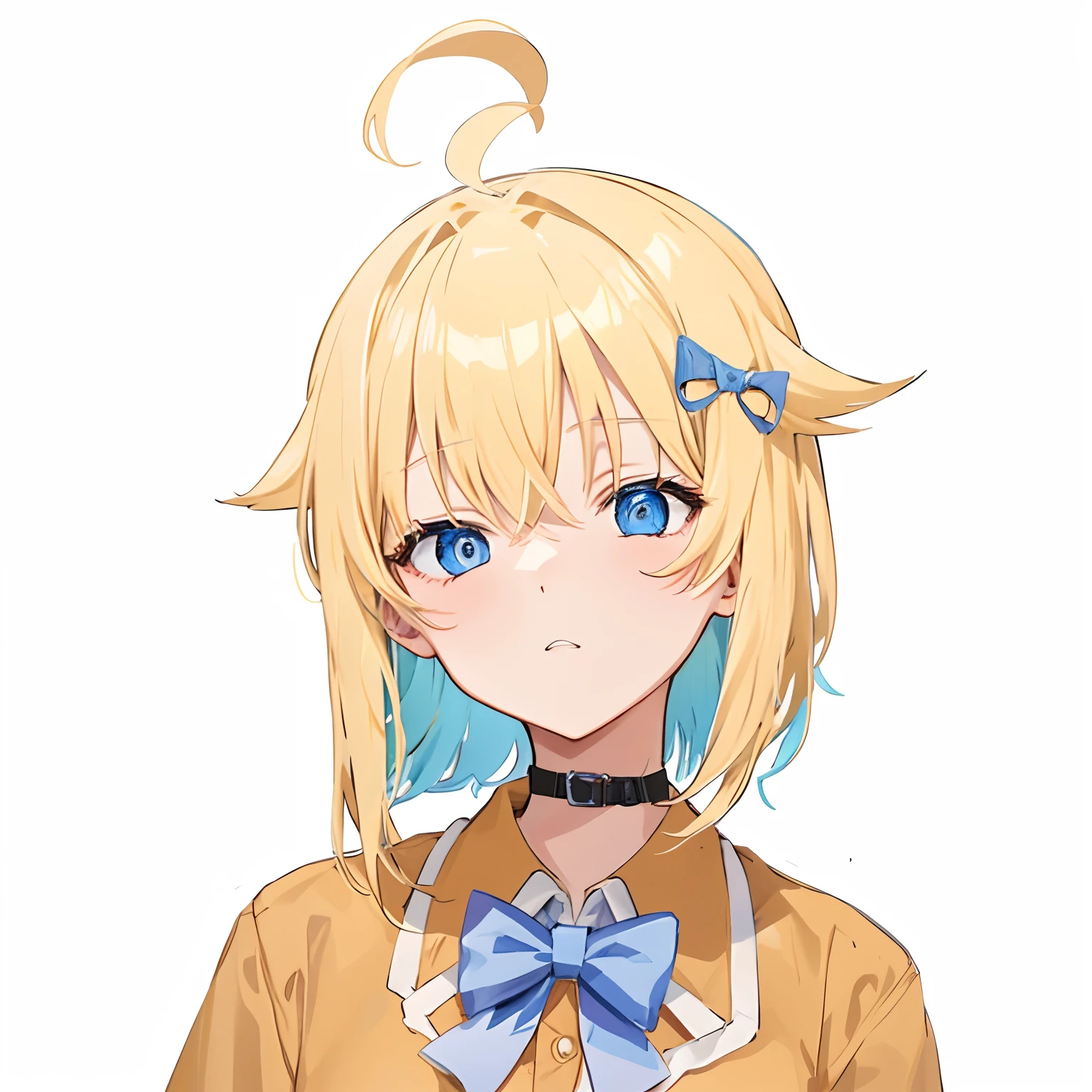 anime girl with blue eyes and blonde hair wearing a bow tie.
