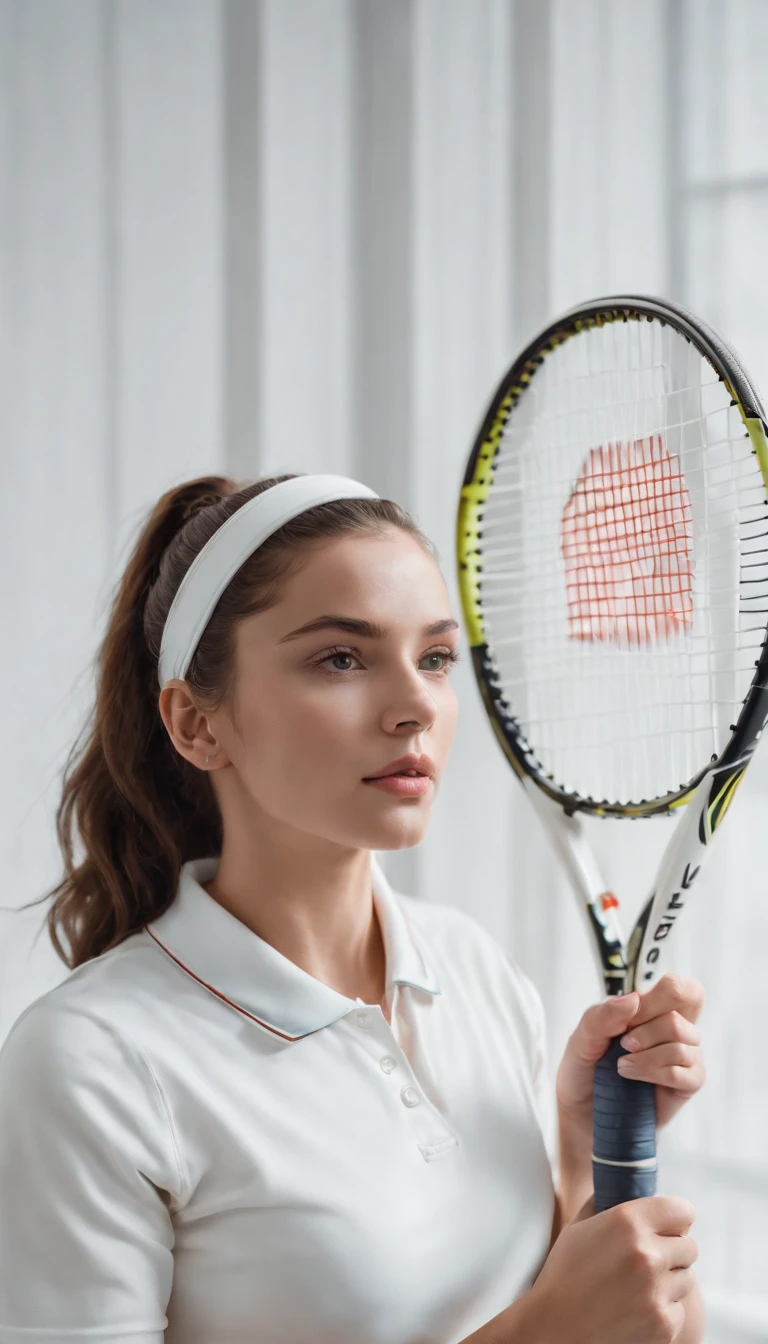 girl in retro sportswear, holds tennis racket, framing close up to racket, natural light, close up shot, background white room, high quality photo --ar 2:3 --v 5