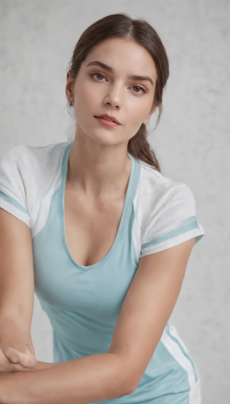 girl in retro sportswear, holds tennis racket, framing close up to racket, natural light, close up shot, background white room, high quality photo --ar 2:3 --v 5