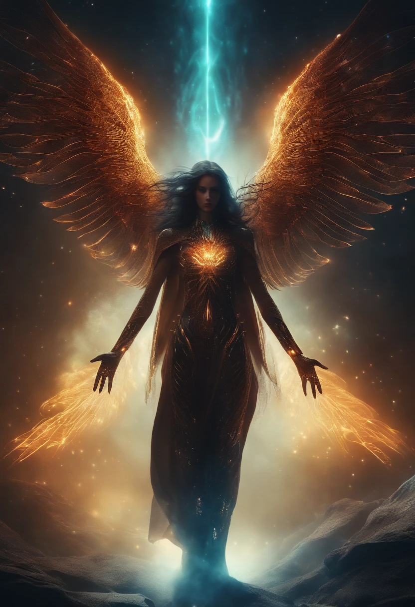 Cosmic Fallen Angel, glowing light eyes, Biomechanical, eerie, Creepy, nightmarish, Very bright colors, Light particles, with light glowing, Mshiff, wallpaper art, UHD wallpaper