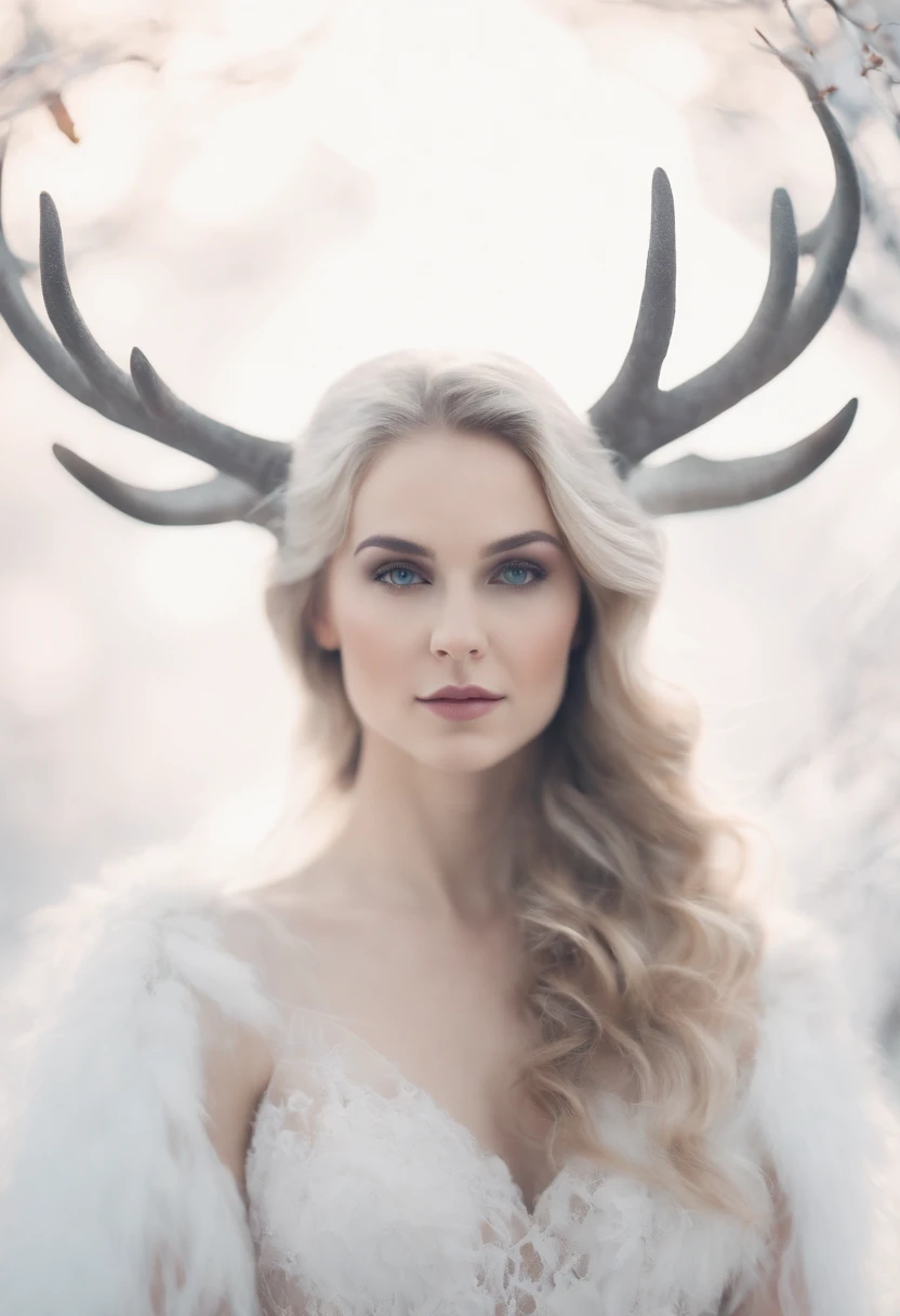 character creation negative space a cute girl with abstract wings with stag horns fantasy with pastel colors white background