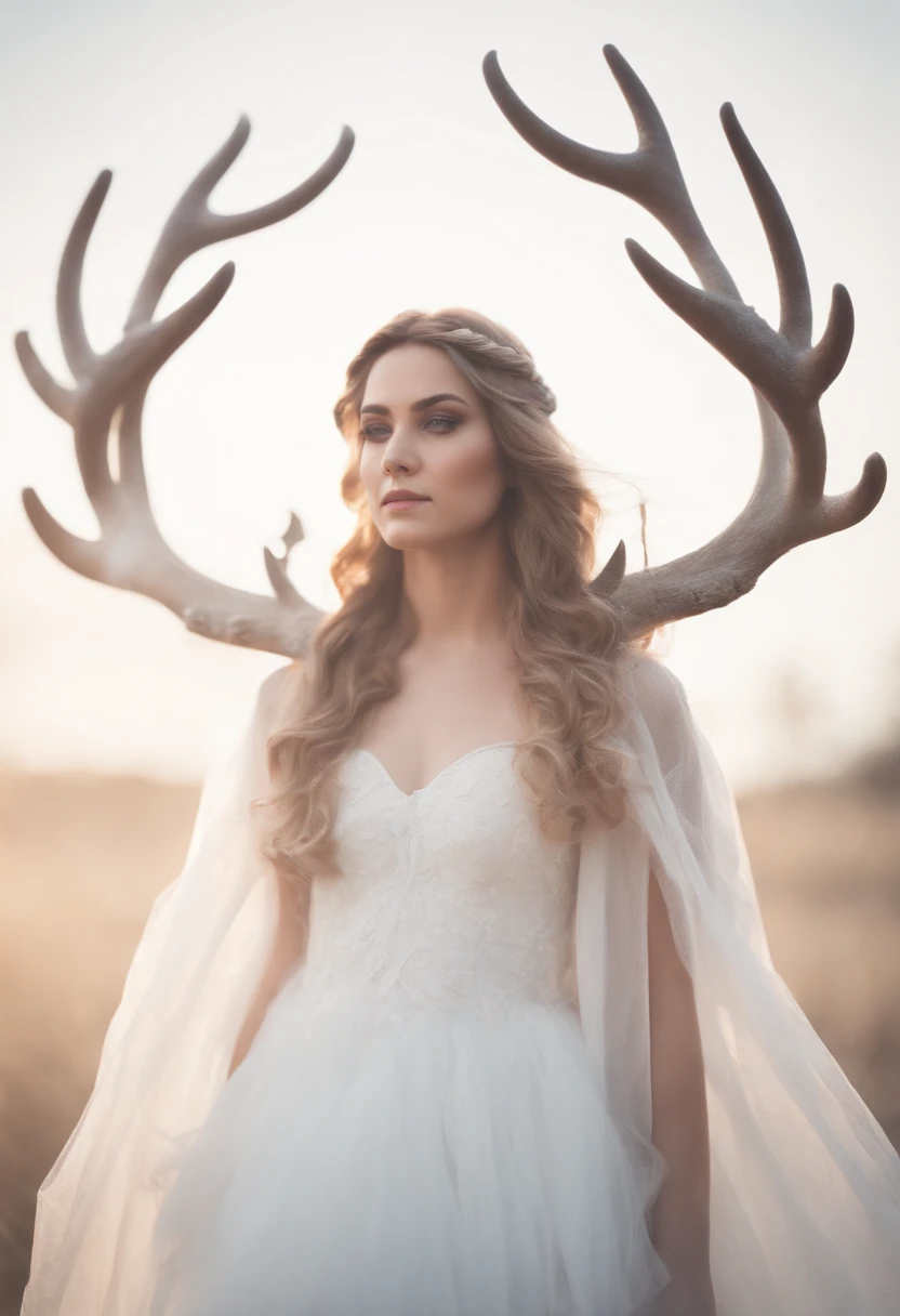 character creation negative space a cute girl with abstract wings with stag horns fantasy with pastel colors white background
