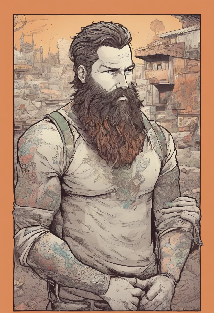 Portrait of a 30-year-old man with a beard and long chestnut hair and tattooed arms in a post-apocalyptic universe