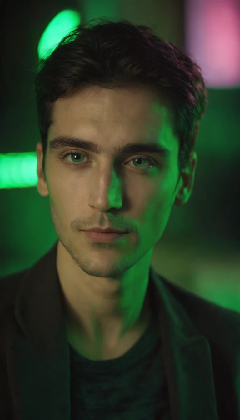 a photo of a man with green lighting to create the effect for my photo, in the style of neon realism, jagged edges, delicate chromatics, young british artists (ybas), uhd image, caravaggesque, shiny eyes