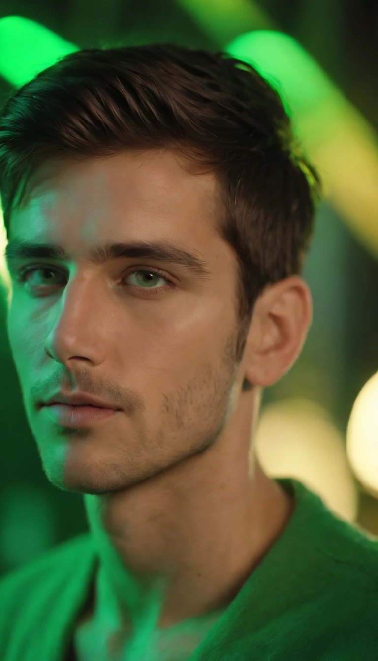 a photo of a man with green lighting to create the effect for my photo, in the style of neon realism, jagged edges, delicate chromatics, young british artists (ybas), uhd image, caravaggesque, shiny eyes