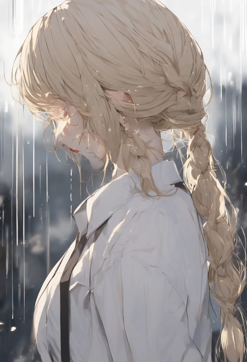 Sad girl,cry,darkness,Rain sky,。.。.。.。.。.。.。.。.。.。.。.。.。.。.。.。.。.。.。.。.。.。.。.。.。.3D,Upscale,hard disk,Blonde short,is crying,with his back turned