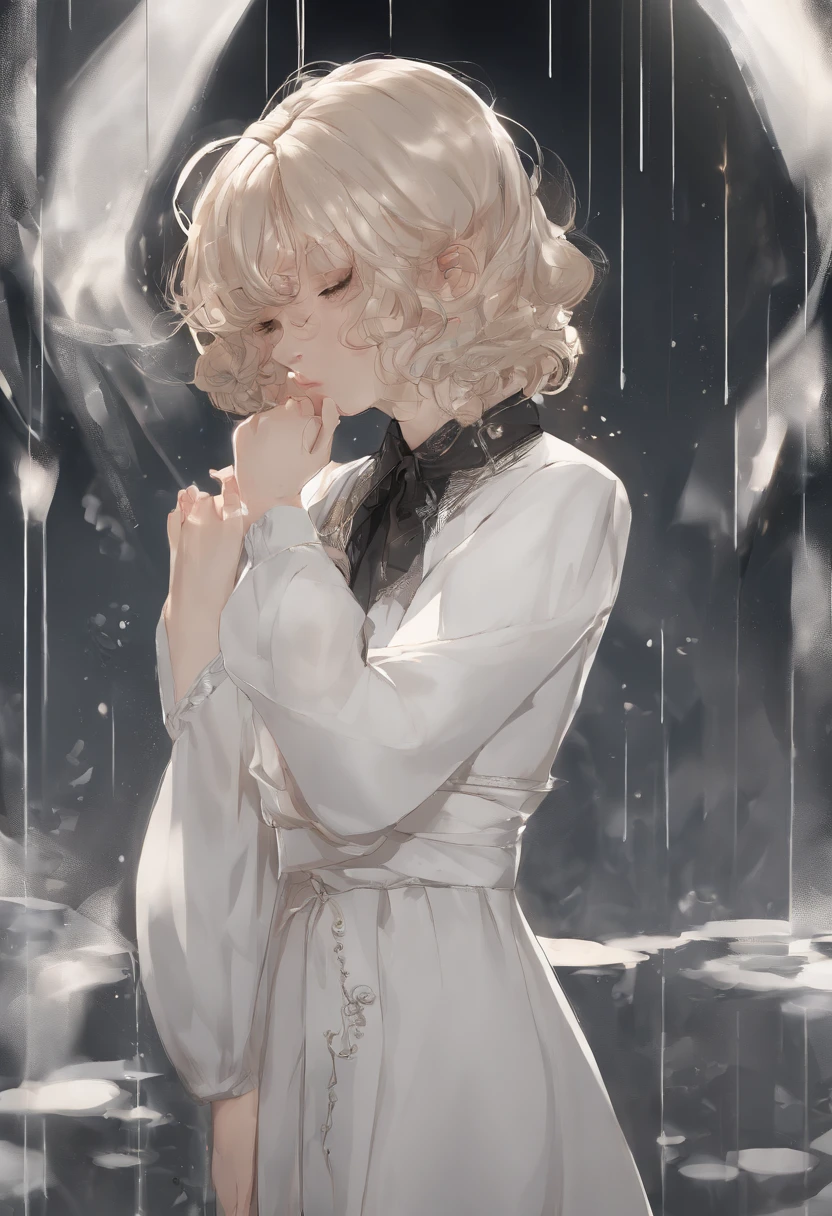 Sad girl,cry,darkness,Rain sky,。.。.。.。.。.。.。.。.。.。.。.。.。.。.。.。.。.。.。.。.。.。.。.。.。.3D,Upscale,hard disk,Blonde short,is crying,with his back turned