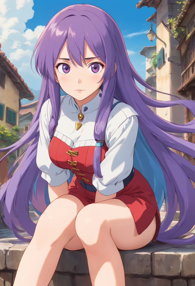 8k, best quality, masterpiece, highly detailed, semi realistic, a girl, young female, 20 years old, absurdly long purple hair, hair between eyes, banks, blue eyes, big breast, cleavage, red lips, gorgeous military uniform, corset, slim figure, cool expression, skinny pants, thigh high boots,