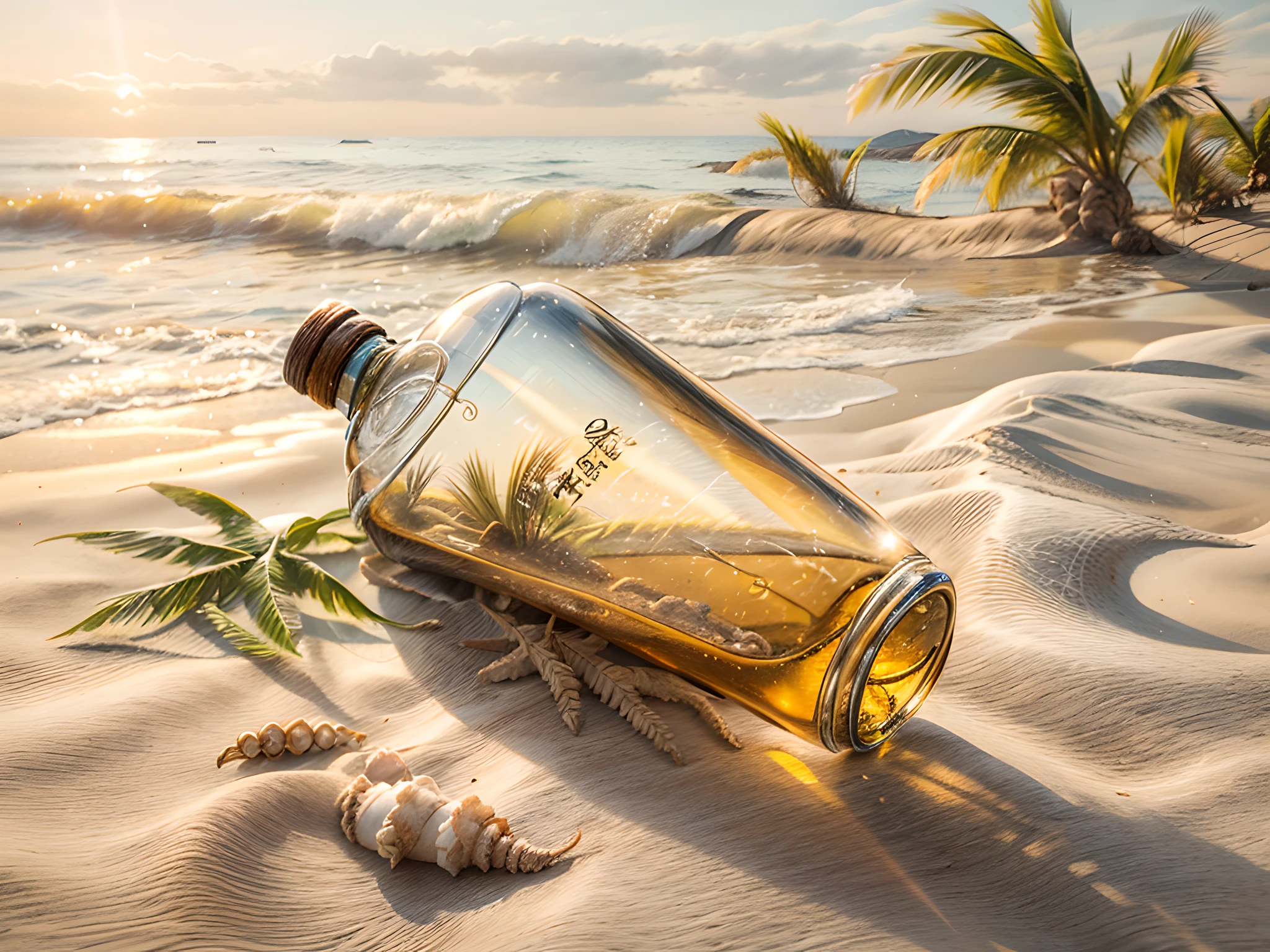 a picture of an ((empty)) bottle of an expensive Whiskey lying,  buried  (best details, Masterpiece, best quality :1.5) in the sands of an island, a lone palm tree, skeleton hand near the bottle  (best details, Masterpiece, best quality :1.5), sandy beach, sea shells spread  wavy sea background, best realistic, best details, best quality, 16k, [ultra detailed], masterpiece, best quality, (extremely detailed), ultra wide shot, photorealistic, depth of field, hyper realistic painting, wide angle shot