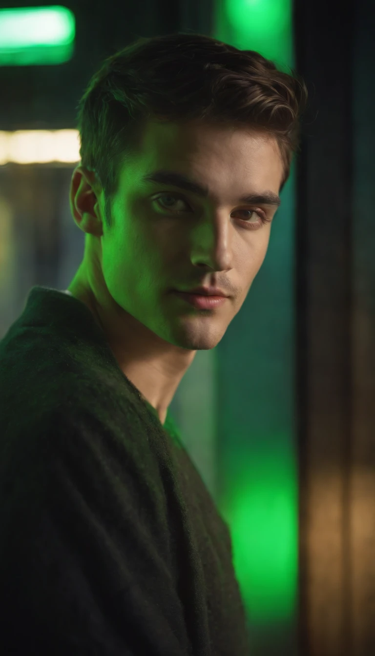 a photo of a man with green lighting to create the effect for my photo, in the style of neon realism, jagged edges, delicate chromatics, young british artists (ybas), uhd image, caravaggesque, shiny eyes