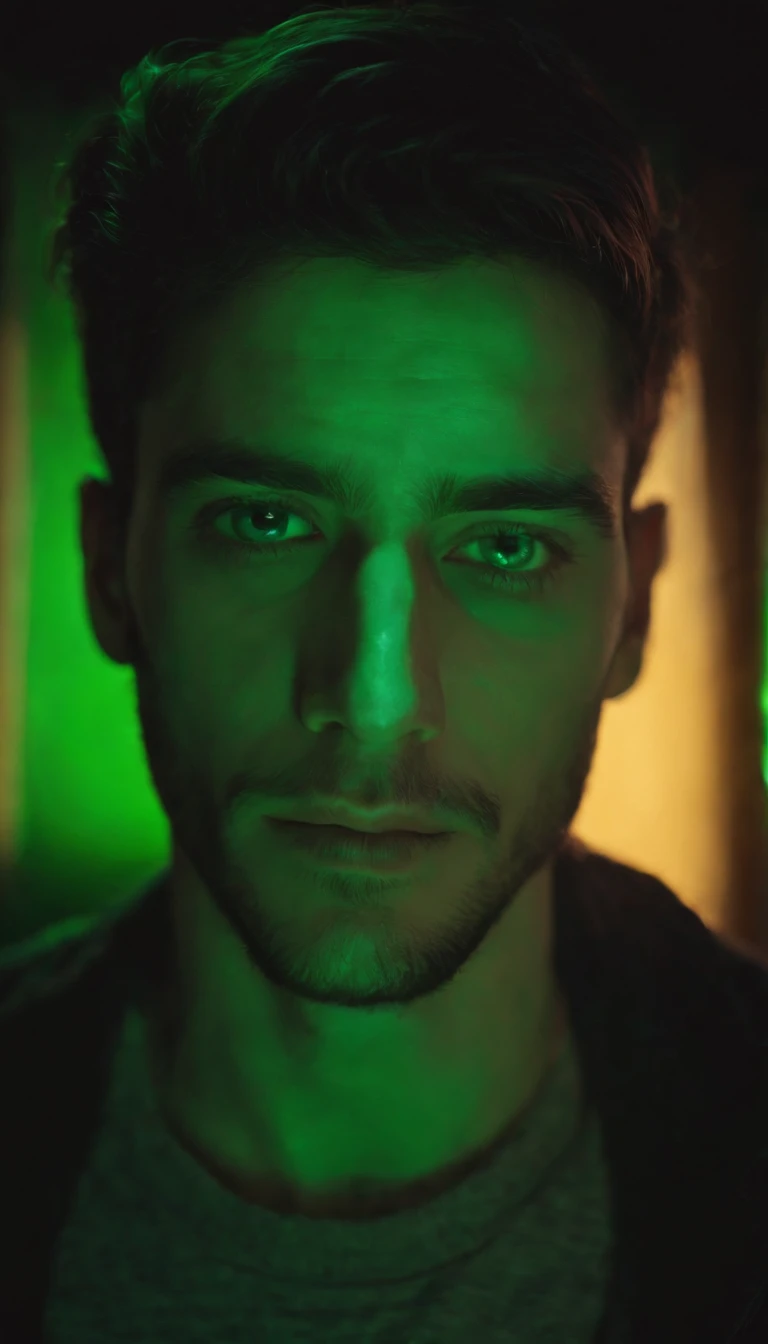 a photo of a man with green lighting to create the effect for my photo, in the style of neon realism, jagged edges, delicate chromatics, young british artists (ybas), uhd image, caravaggesque, shiny eyes