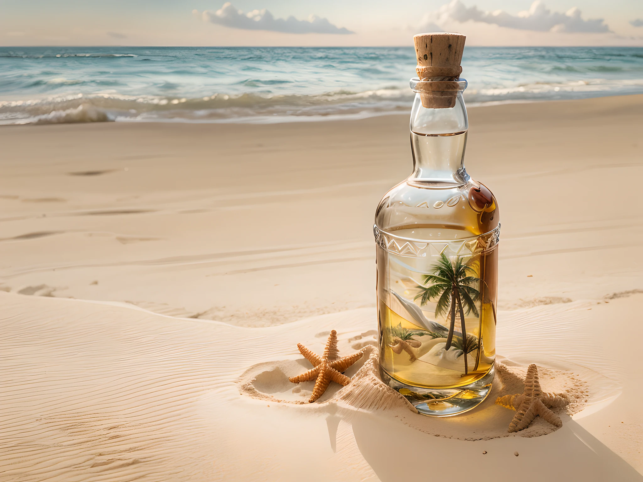 a picture of an ((empty)) bottle of an expensive Whiskey lying,  buried  (best details, Masterpiece, best quality :1.5) in the sands of an island, a lone palm tree, skeleton hand near the bottle  (best details, Masterpiece, best quality :1.5), sandy beach, sea shells spread  wavy sea background, best realistic, best details, best quality, 16k, [ultra detailed], masterpiece, best quality, (extremely detailed), ultra wide shot, photorealistic, depth of field, hyper realistic painting, wide angle shot
