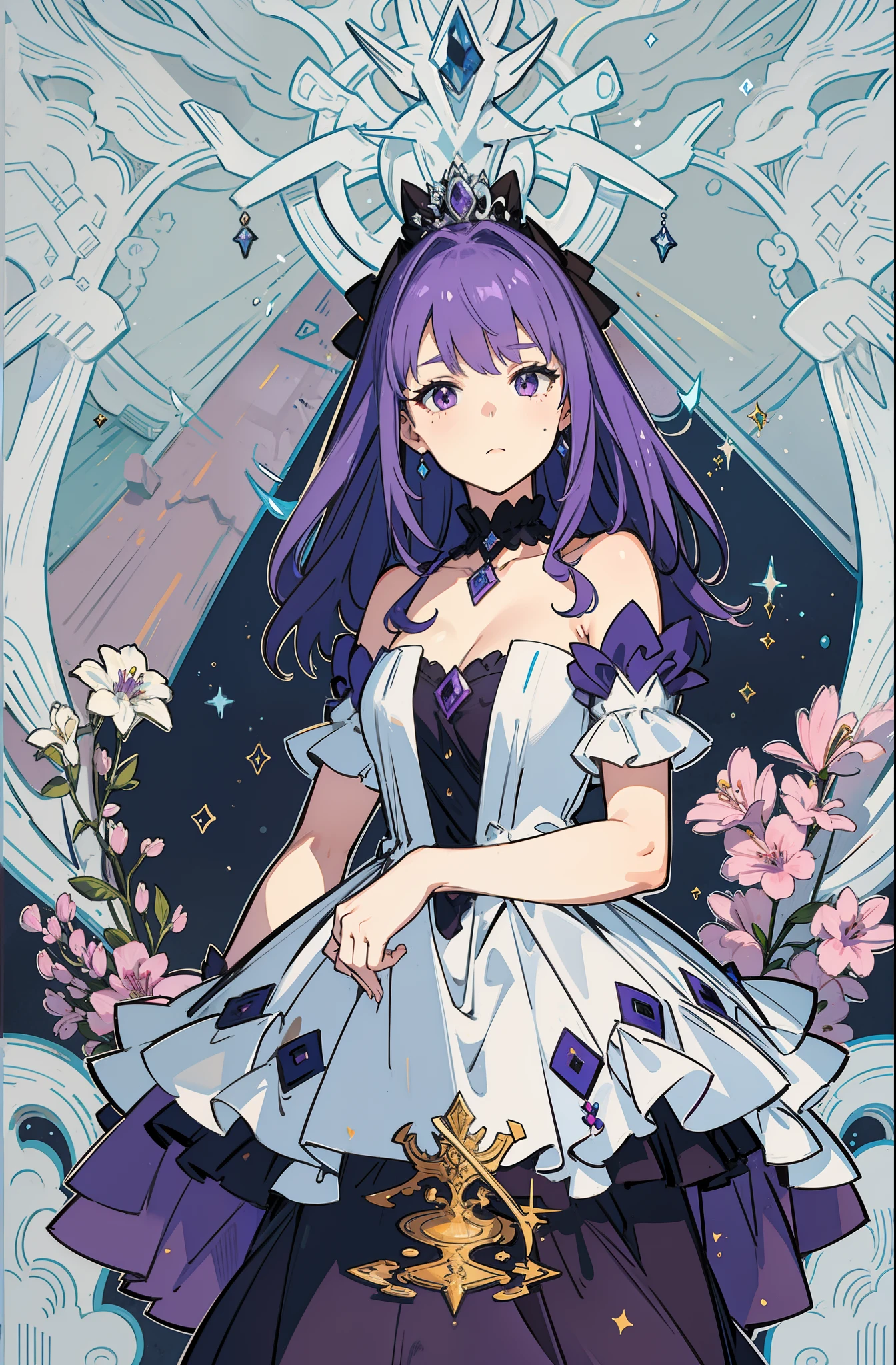 A Princess adult lady Purple hair Troubled face