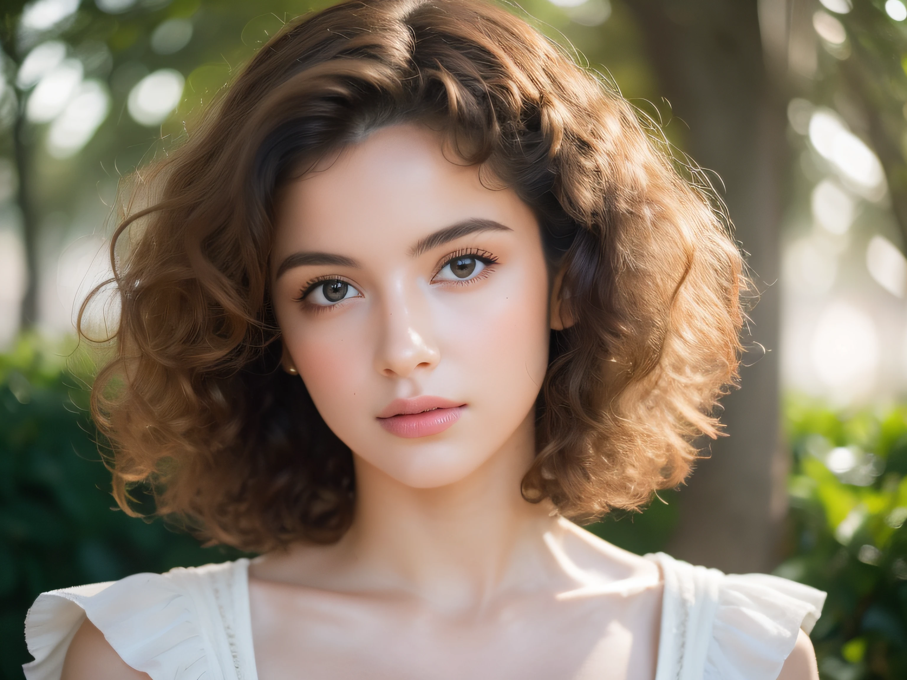 raw photo, rim lighting, two tone light, professional photoportait, closeup of a beautiful young french woman, upper body, curly hair, summer dress, centered, park in background, (highly detailed skin, full sharp: 1.2)