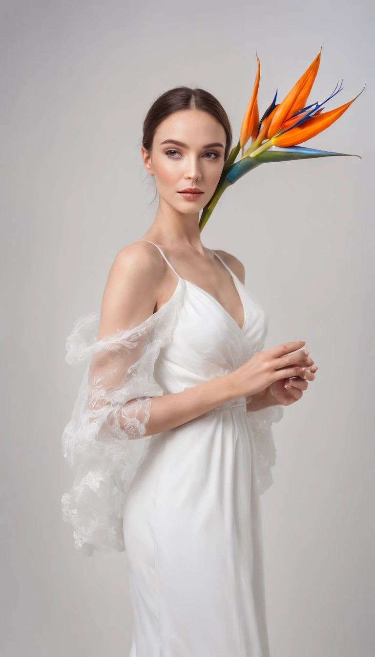 woman in white dress holds some bird of paradise flowers, studio lighting, side shot, white background, bold colors, in the style of ultrafine detail, high quality photo, medium body framing.